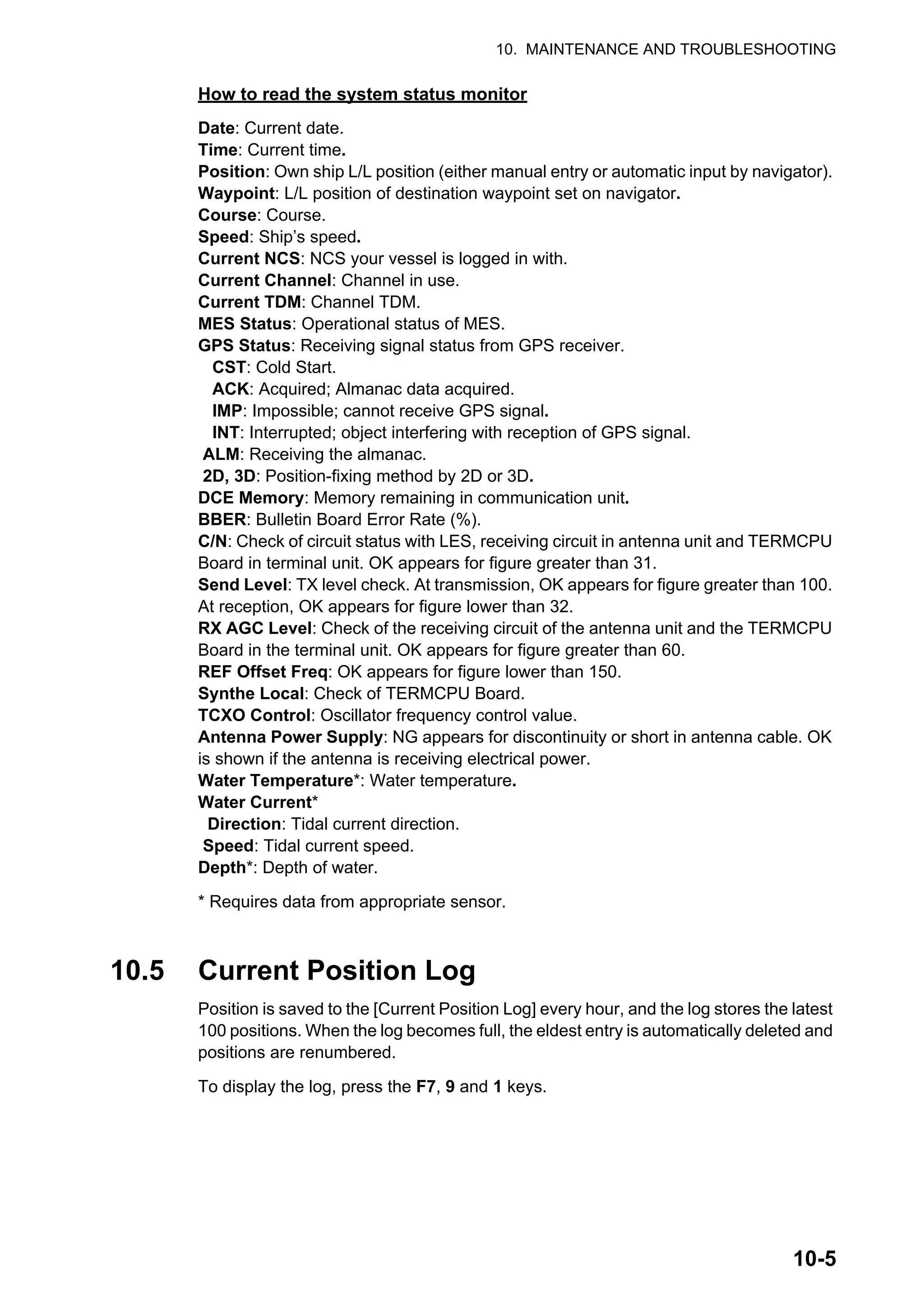 10. MAINTENANCE AND TROUBLESHOOTING
10-5
How to read the system status monitor
Date: Current date.
Time: Current time.
Position: Own ship L/L position (either manual entry or automatic input by navigator).
Waypoint: L/L position of destination waypoint set on navigator.
Course: Course.
Speed: Ship’s speed.
Current NCS: NCS your vessel is logged in with.
Current Channel: Channel in use.
Current TDM: Channel TDM.
MES Status: Operational status of MES.
GPS Status: Receiving signal status from GPS receiver.
CST: Cold Start.
ACK: Acquired; Almanac data acquired.
IMP: Impossible; cannot receive GPS signal.
INT: Interrupted; object interfering with reception of GPS signal.
ALM: Receiving the almanac.
2D, 3D: Position-fixing method by 2D or 3D.
DCE Memory: Memory remaining in communication unit.
BBER: Bulletin Board Error Rate (%).
C/N: Check of circuit status with LES, receiving circuit in antenna unit and TERMCPU
Board in terminal unit. OK appears for figure greater than 31.
Send Level: TX level check. At transmission, OK appears for figure greater than 100.
At reception, OK appears for figure lower than 32.
RX AGC Level: Check of the receiving circuit of the antenna unit and the TERMCPU
Board in the terminal unit. OK appears for figure greater than 60.
REF Offset Freq: OK appears for figure lower than 150.
Synthe Local: Check of TERMCPU Board.
TCXO Control: Oscillator frequency control value.
Antenna Power Supply: NG appears for discontinuity or short in antenna cable. OK
is shown if the antenna is receiving electrical power.
Water Temperature*: Water temperature.
Water Current*
Direction: Tidal current direction.
Speed: Tidal current speed.
Depth*: Depth of water.
* Requires data from appropriate sensor.
10.5 Current Position Log
Position is saved to the [Current Position Log] every hour, and the log stores the latest
100 positions. When the log becomes full, the eldest entry is automatically deleted and
positions are renumbered.
To display the log, press the F7, 9 and 1 keys.
 