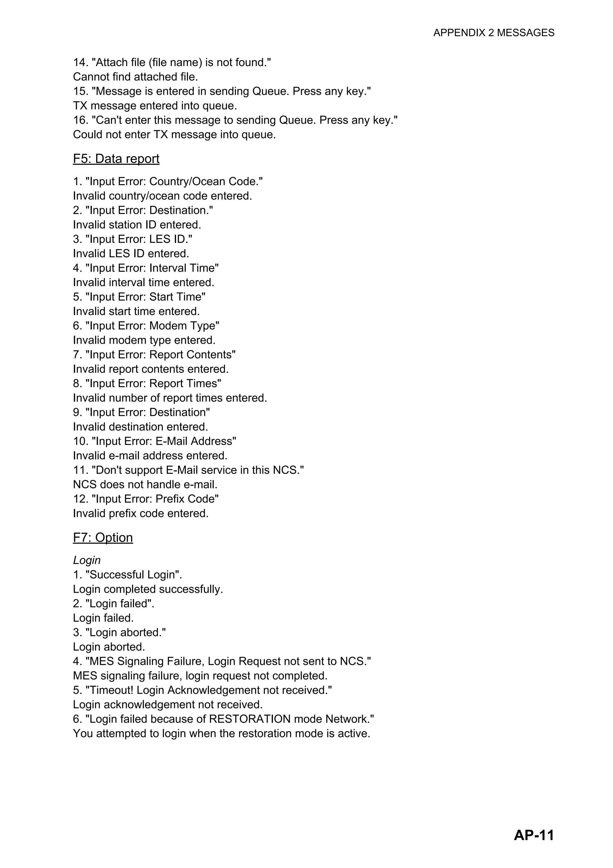 APPENDIX 2 MESSAGES
AP-11
14. "Attach file (file name) is not found."
Cannot find attached file.
15. "Message is entered in sending Queue. Press any key."
TX message entered into queue.
16. "Can't enter this message to sending Queue. Press any key."
Could not enter TX message into queue.
F5: Data report
1. "Input Error: Country/Ocean Code."
Invalid country/ocean code entered.
2. "Input Error: Destination."
Invalid station ID entered.
3. "Input Error: LES ID."
Invalid LES ID entered.
4. "Input Error: Interval Time"
Invalid interval time entered.
5. "Input Error: Start Time"
Invalid start time entered.
6. "Input Error: Modem Type"
Invalid modem type entered.
7. "Input Error: Report Contents"
Invalid report contents entered.
8. "Input Error: Report Times"
Invalid number of report times entered.
9. "Input Error: Destination"
Invalid destination entered.
10. "Input Error: E-Mail Address"
Invalid e-mail address entered.
11. "Don't support E-Mail service in this NCS."
NCS does not handle e-mail.
12. "Input Error: Prefix Code"
Invalid prefix code entered.
F7: Option
Login
1. "Successful Login".
Login completed successfully.
2. "Login failed".
Login failed.
3. "Login aborted."
Login aborted.
4. "MES Signaling Failure, Login Request not sent to NCS."
MES signaling failure, login request not completed.
5. "Timeout! Login Acknowledgement not received."
Login acknowledgement not received.
6. "Login failed because of RESTORATION mode Network."
You attempted to login when the restoration mode is active.
 