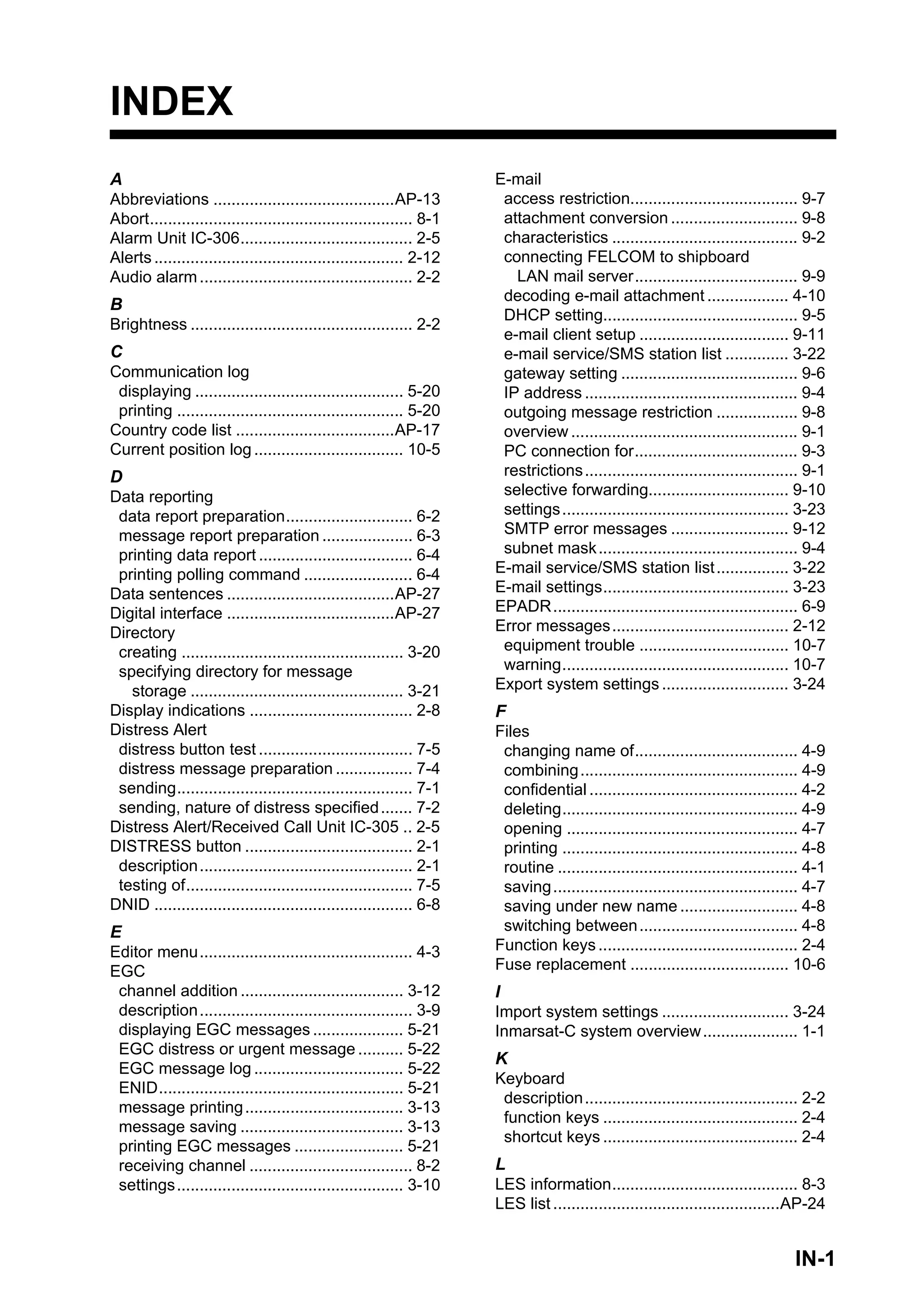 IN-1
INDEX
A
Abbreviations ........................................AP-13
Abort.......................................................... 8-1
Alarm Unit IC-306...................................... 2-5
Alerts....................................................... 2-12
Audio alarm............................................... 2-2
B
Brightness ................................................. 2-2
C
Communication log
displaying .............................................. 5-20
printing .................................................. 5-20
Country code list ...................................AP-17
Current position log................................. 10-5
D
Data reporting
data report preparation............................ 6-2
message report preparation .................... 6-3
printing data report .................................. 6-4
printing polling command ........................ 6-4
Data sentences .....................................AP-27
Digital interface .....................................AP-27
Directory
creating ................................................. 3-20
specifying directory for message
storage ............................................... 3-21
Display indications .................................... 2-8
Distress Alert
distress button test .................................. 7-5
distress message preparation ................. 7-4
sending.................................................... 7-1
sending, nature of distress specified....... 7-2
Distress Alert/Received Call Unit IC-305 .. 2-5
DISTRESS button ..................................... 2-1
description............................................... 2-1
testing of.................................................. 7-5
DNID ......................................................... 6-8
E
Editor menu............................................... 4-3
EGC
channel addition .................................... 3-12
description............................................... 3-9
displaying EGC messages .................... 5-21
EGC distress or urgent message .......... 5-22
EGC message log ................................. 5-22
ENID...................................................... 5-21
message printing................................... 3-13
message saving .................................... 3-13
printing EGC messages ........................ 5-21
receiving channel .................................... 8-2
settings.................................................. 3-10
E-mail
access restriction..................................... 9-7
attachment conversion ............................ 9-8
characteristics ......................................... 9-2
connecting FELCOM to shipboard
LAN mail server.................................... 9-9
decoding e-mail attachment .................. 4-10
DHCP setting........................................... 9-5
e-mail client setup ................................. 9-11
e-mail service/SMS station list .............. 3-22
gateway setting ....................................... 9-6
IP address ............................................... 9-4
outgoing message restriction .................. 9-8
overview .................................................. 9-1
PC connection for.................................... 9-3
restrictions............................................... 9-1
selective forwarding............................... 9-10
settings.................................................. 3-23
SMTP error messages .......................... 9-12
subnet mask............................................ 9-4
E-mail service/SMS station list................ 3-22
E-mail settings......................................... 3-23
EPADR...................................................... 6-9
Error messages....................................... 2-12
equipment trouble ................................. 10-7
warning.................................................. 10-7
Export system settings ............................ 3-24
F
Files
changing name of.................................... 4-9
combining................................................ 4-9
confidential .............................................. 4-2
deleting.................................................... 4-9
opening ................................................... 4-7
printing .................................................... 4-8
routine ..................................................... 4-1
saving...................................................... 4-7
saving under new name .......................... 4-8
switching between................................... 4-8
Function keys ............................................ 2-4
Fuse replacement ................................... 10-6
I
Import system settings ............................ 3-24
Inmarsat-C system overview..................... 1-1
K
Keyboard
description............................................... 2-2
function keys ........................................... 2-4
shortcut keys ........................................... 2-4
L
LES information......................................... 8-3
LES list ..................................................AP-24
 