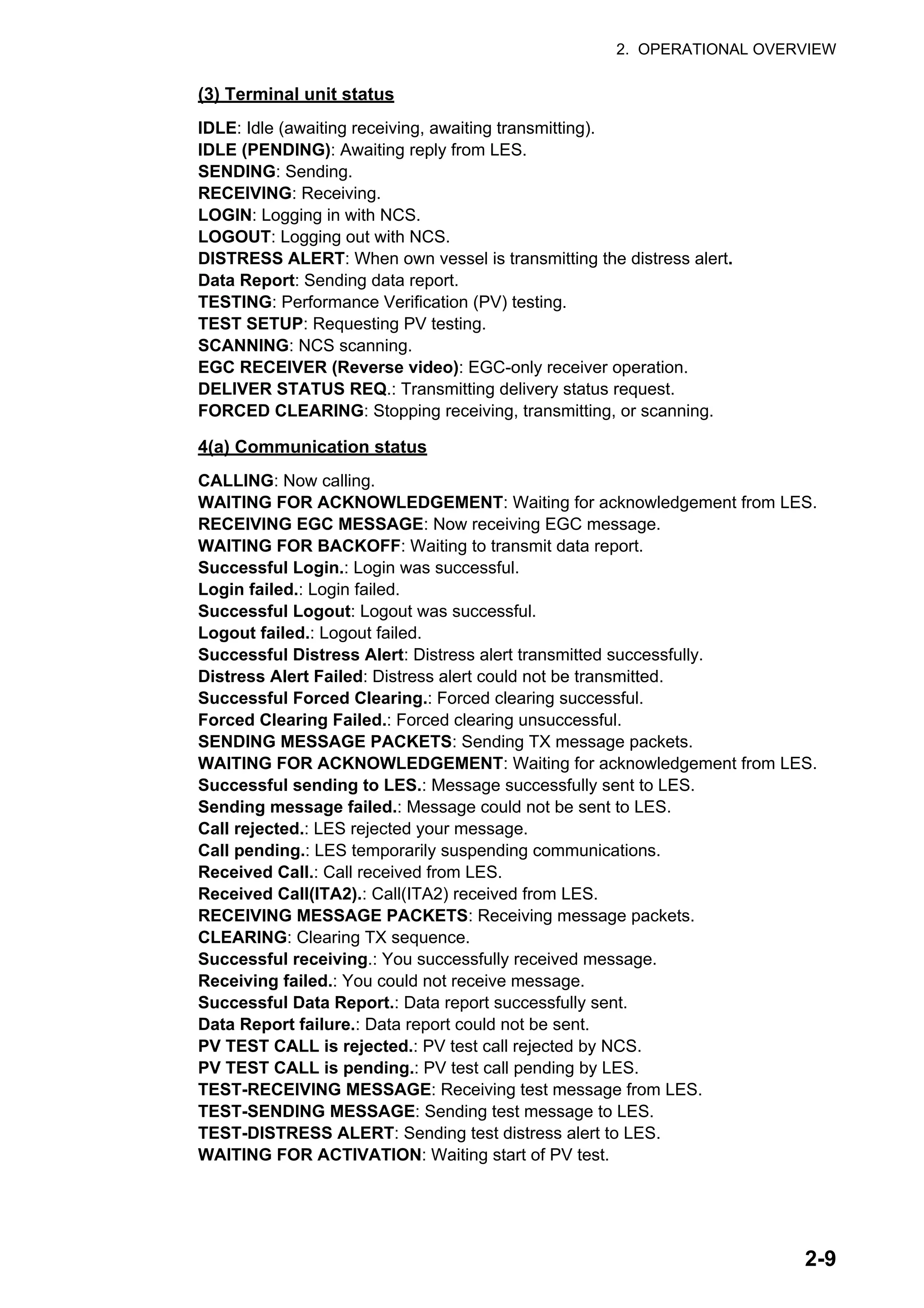 2. OPERATIONAL OVERVIEW
2-9
(3) Terminal unit status
IDLE: Idle (awaiting receiving, awaiting transmitting).
IDLE (PENDING): Awaiting reply from LES.
SENDING: Sending.
RECEIVING: Receiving.
LOGIN: Logging in with NCS.
LOGOUT: Logging out with NCS.
DISTRESS ALERT: When own vessel is transmitting the distress alert.
Data Report: Sending data report.
TESTING: Performance Verification (PV) testing.
TEST SETUP: Requesting PV testing.
SCANNING: NCS scanning.
EGC RECEIVER (Reverse video): EGC-only receiver operation.
DELIVER STATUS REQ.: Transmitting delivery status request.
FORCED CLEARING: Stopping receiving, transmitting, or scanning.
4(a) Communication status
CALLING: Now calling.
WAITING FOR ACKNOWLEDGEMENT: Waiting for acknowledgement from LES.
RECEIVING EGC MESSAGE: Now receiving EGC message.
WAITING FOR BACKOFF: Waiting to transmit data report.
Successful Login.: Login was successful.
Login failed.: Login failed.
Successful Logout: Logout was successful.
Logout failed.: Logout failed.
Successful Distress Alert: Distress alert transmitted successfully.
Distress Alert Failed: Distress alert could not be transmitted.
Successful Forced Clearing.: Forced clearing successful.
Forced Clearing Failed.: Forced clearing unsuccessful.
SENDING MESSAGE PACKETS: Sending TX message packets.
WAITING FOR ACKNOWLEDGEMENT: Waiting for acknowledgement from LES.
Successful sending to LES.: Message successfully sent to LES.
Sending message failed.: Message could not be sent to LES.
Call rejected.: LES rejected your message.
Call pending.: LES temporarily suspending communications.
Received Call.: Call received from LES.
Received Call(ITA2).: Call(ITA2) received from LES.
RECEIVING MESSAGE PACKETS: Receiving message packets.
CLEARING: Clearing TX sequence.
Successful receiving.: You successfully received message.
Receiving failed.: You could not receive message.
Successful Data Report.: Data report successfully sent.
Data Report failure.: Data report could not be sent.
PV TEST CALL is rejected.: PV test call rejected by NCS.
PV TEST CALL is pending.: PV test call pending by LES.
TEST-RECEIVING MESSAGE: Receiving test message from LES.
TEST-SENDING MESSAGE: Sending test message to LES.
TEST-DISTRESS ALERT: Sending test distress alert to LES.
WAITING FOR ACTIVATION: Waiting start of PV test.
 