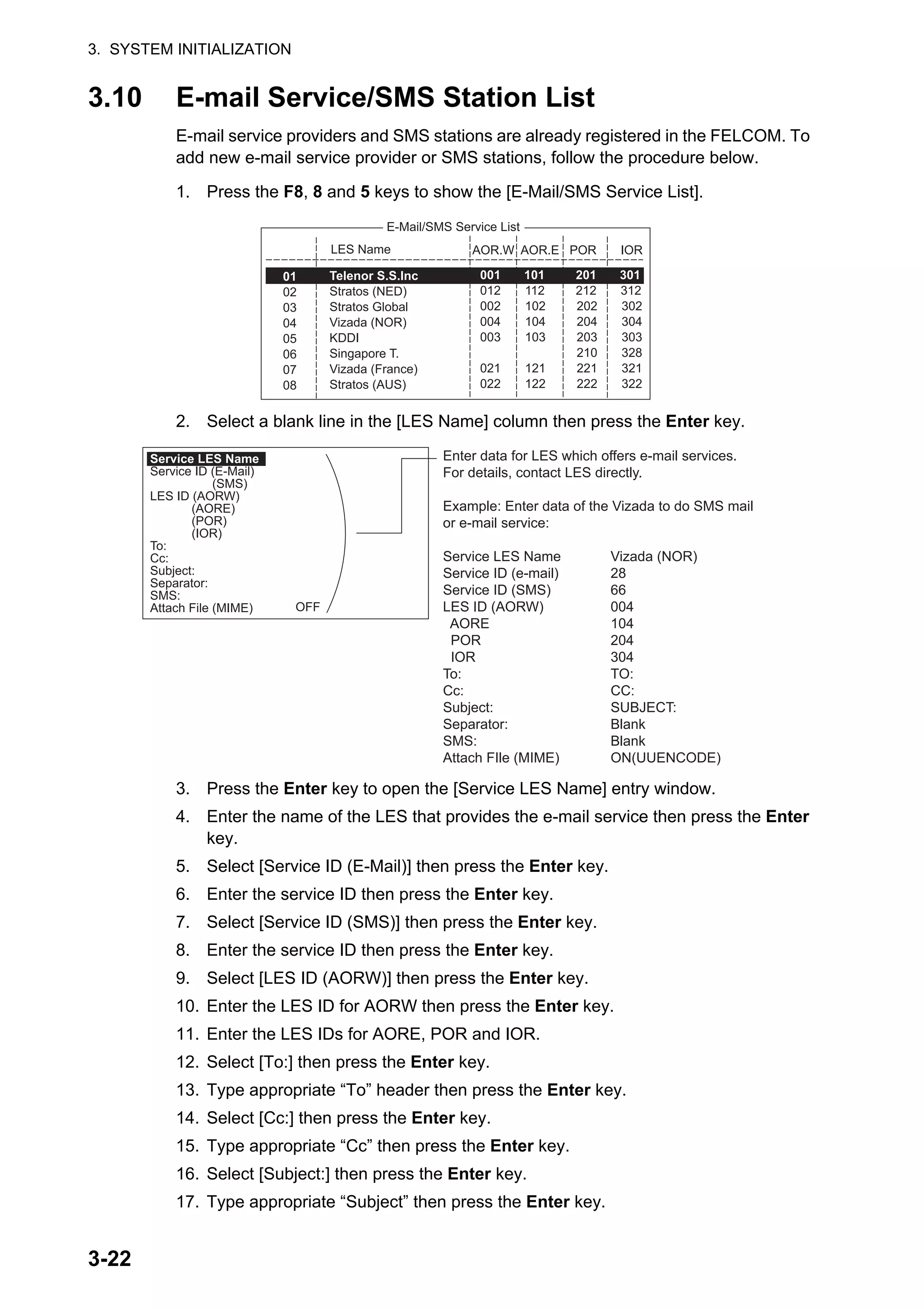 3. SYSTEM INITIALIZATION
3-22
3.10 E-mail Service/SMS Station List
E-mail service providers and SMS stations are already registered in the FELCOM. To
add new e-mail service provider or SMS stations, follow the procedure below.
1. Press the F8, 8 and 5 keys to show the [E-Mail/SMS Service List].
2. Select a blank line in the [LES Name] column then press the Enter key.
3. Press the Enter key to open the [Service LES Name] entry window.
4. Enter the name of the LES that provides the e-mail service then press the Enter
key.
5. Select [Service ID (E-Mail)] then press the Enter key.
6. Enter the service ID then press the Enter key.
7. Select [Service ID (SMS)] then press the Enter key.
8. Enter the service ID then press the Enter key.
9. Select [LES ID (AORW)] then press the Enter key.
10. Enter the LES ID for AORW then press the Enter key.
11. Enter the LES IDs for AORE, POR and IOR.
12. Select [To:] then press the Enter key.
13. Type appropriate “To” header then press the Enter key.
14. Select [Cc:] then press the Enter key.
15. Type appropriate “Cc” then press the Enter key.
16. Select [Subject:] then press the Enter key.
17. Type appropriate “Subject” then press the Enter key.
E-Mail/SMS Service List
LES Name AOR.W AOR.E POR IOR
01
02
03
04
05
06
07
08
Telenor S.S.Inc
Stratos (NED)
Stratos Global
Vizada (NOR)
KDDI
Singapore T.
Vizada (France)
Stratos (AUS)
001 101 201 301
012 112 212 312
002 102 202 302
004 104 204 304
003 103 203 303
210 328
021 121 221 321
022 122 222 322
OFF
Service LES Name
Service ID (E-Mail)
(SMS)
LES ID (AORW)
(AORE)
(POR)
(IOR)
To:
Cc:
Subject:
Separator:
SMS:
Attach File (MIME)
Enter data for LES which offers e-mail services.
For details, contact LES directly.
Example: Enter data of the Vizada to do SMS mail
or e-mail service:
Service LES Name Vizada (NOR)
Service ID (e-mail) 28
Service ID (SMS) 66
LES ID (AORW) 004
AORE 104
POR 204
IOR 304
To: TO:
Cc: CC:
Subject: SUBJECT:
Separator: Blank
SMS: Blank
Attach FIle (MIME) ON(UUENCODE)
 