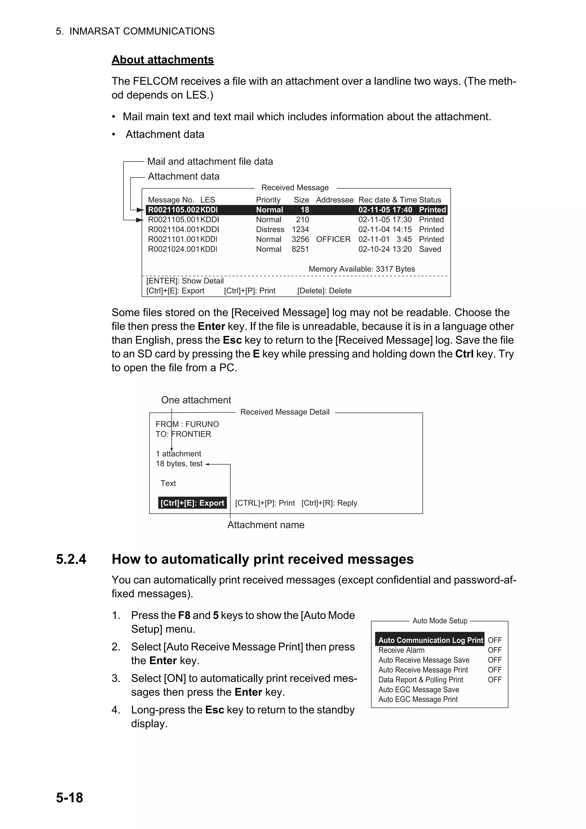 5. INMARSAT COMMUNICATIONS
5-18
About attachments
The FELCOM receives a file with an attachment over a landline two ways. (The meth-
od depends on LES.)
• Mail main text and text mail which includes information about the attachment.
• Attachment data
Some files stored on the [Received Message] log may not be readable. Choose the
file then press the Enter key. If the file is unreadable, because it is in a language other
than English, press the Esc key to return to the [Received Message] log. Save the file
to an SD card by pressing the E key while pressing and holding down the Ctrl key. Try
to open the file from a PC.
5.2.4 How to automatically print received messages
You can automatically print received messages (except confidential and password-af-
fixed messages).
1. Press the F8 and 5 keys to show the [Auto Mode
Setup] menu.
2. Select [Auto Receive Message Print] then press
the Enter key.
3. Select [ON] to automatically print received mes-
sages then press the Enter key.
4. Long-press the Esc key to return to the standby
display.
Received Message
Message No.
R0021105.002
R0021105.001
R0021104.001
R0021101.001
R0021024.001
LES
KDDI
KDDIDDI
KDDI
KDDI
KDDI
Priority
Normal
Normal
Distress
Normal
Normal
Addressee
OFFICER
Rec date & Time
02-11-05 17:40
02-11-05 17:30
02-11-04 14:15
02-11-01 3:45
02-10-24 13:20
Status
Printed
Printed
Printed
Printed
Saved
Memory Available: 3317 Bytes
Size
18
210
1234
3256
8251
Mail and attachment file data
Attachment data
[ENTER]: Show Detail
[Ctrl]+[E]: Export [Ctrl]+[P]: Print [Delete]: Delete
One attachment
Received Message Detail
FROM : FURUNO
TO: FRONTIER
1 attachment
18 bytes, test
Text
[Ctrl]+[E]: Export [CTRL]+[P]: Print [Ctrl]+[R]: Reply
Attachment name
Auto Communication Log Print OFF
Receive Alarm OFF
Auto Receive Message Save OFF
Auto Receive Message Print OFF
Data Report & Polling Print OFF
Auto EGC Message Save
Auto EGC Message Print
Auto Mode Setup
 
