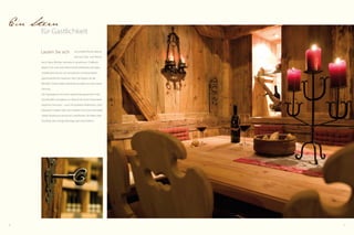 26 27
Unser Herz
schlägt für die Natur
das Gefühl genossen hat, sich
mit Körper, Geist und Land-
schaft in rhythmischer Verbundenheit zu fühlen, den wird
diese Erinnerung nicht wieder loslassen. Das Wandern im
Meraner Land wird unweigerlich zum unvergesslichen
Naturerlebnis. Heimlicher Klassiker für alle Naturfreunde
ist und bleibt der Waalweg: Still mit dem fließenden Was-
ser Zwiesprache zu halten ist Meditation in Bewegung.
Wer einmal
Blick vom Naturnser Sonnenberg Richtung Meran
•	 1 geführte Wanderung mit Familie Perathoner pro Woche
•	 1 Kräuter- oder Kulturwanderung mit geprüftem Wanderführer pro
Woche
•	 Gipfelwanderungen (in den Sommermonaten)
•	 Themenwanderungen: Lama-Trekking, Wanderung zu Kraft- und Kult-
plätzen, Vogelstimmenwanderung, Wanderung mit Wildbeobachtung
im Pfossental, Weinwanderung und Wanderung mit Brotbacken am
Bauernhof
•	 Hüttenzauber auf der hoteleigenen Alm mit Picknick
•	 Leihweise Teleskopstöcke, Tourenrucksack, Trinkflasche, Regenschutz
•	 „Meraner Land Mobil“-Buskarte im Wert von 13,- Euro für die gesamte
Ferienregion Meraner Land
•	 90 selbst getestete Tourentipps mit detaillierter Beschreibung rund um
den Meraner Höhenweg
•	 Wanderinfothek
•	 Schuhputz- und Trockenraum
•	 Naturnser Panoramawanderkarte im Zimmer
Wandern beim Profi – IhreWandervorteile
Der Feldhof liegt direkt am Einstieg zum Naturpark Texelgruppe,
dem mit 34.000 ha Fläche und 200 km Wanderwegen größten
Naturpark Südtirols. Die modernen Aufstiegsanlagen Unterstell
in Naturns und Texelbahn in Partschins bringen Sie in wenigen
Minuten mitten hinein.
•	 7 Tage kulinarische Highlights mit 7-Gänge-Degustationsmenüs
•	 4 geführte Wanderungen im Naturpark Texelgruppe von Almen
zu Palmen
•	 Täglich Wanderjause
•	 Teilnahme am betreuten Sport- und Bewegungsprogramm
•	 1 Fußbad mit Fußreflexzonenmassage *
•	 1 Fuß- und Beinmassage *
•	 Inklusive aller Wandervorteile
•	 Relaxen im mediterranen Wellnessparadies mit 5 verschieden beheizten
Pools und 400 m² Wasserfläche
01.06. - 15.06.2013 . . . . . . . . . . . . . . . . . . . . . . . . . . . . . . . . . . . .  ab 833,- €
21.09. - 28.09.2013 . . . . . . . . . . . . . . . . . . . . . . . . . . . . . . . . . . . .  ab 960,- €
Preis pro Person – 7 Übernachtungen im
DZ Spatzennest mit ¾-DolceVita-Pension
Wanderwochen
Die Vielfalt der Südtiroler Landschaft ist einmalig. Hohe Berggipfel
neben weiten Tälern, sanfte Almhänge mit weichen, sattgrünen
Wiesen, rauschende Gebirgsbäche – Kraft aus der Natur tanken.
Gemütlich wandern und urig einkehren – die wohl schönste Form,
die Bergwelt im Meraner Land zu entdecken.
*	Alle Wellnessbehandlungen der Wochen-Arrangements  
	 sind nur bis 15:00 Uhr einlösbar
 