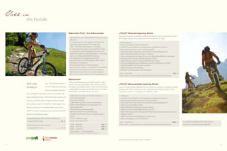 28 29
Sport
im Feldhof
•	 NEU: lichtdurchfluteter Fitnessraum
täglich von 7:00 bis 20:00 Uhr geöffnet
•	 Qigong
•	 Fokus Haltung
•	 Wirbelsäulentraining
•	 Pilates
•	 Stretch & Relax
•	 Atemübungen
•	 Progressive Muskelrelaxation
•	 Bauch-Beine-Po-Gymnastik
•	 Total body
•	 Cardio workout
•	 Sixpack
•	 Core-Training
•	 Aquafitness
•	 Sonnengruß
•	 Laufschule
•	 Fünf Tibetische Rituale
•	 Meditation
•	 Rückentraining mit Flexibar
•	 Happy feet
•	 Individuelle Trainings- und Ernährungstipps
•	 Dance fitness
•	 Training im Fitnesstempel
•	 Gymnastik nach den 5 Elementen
•	 Meditative Wanderungen
•	 Kleine Massagekurse
•	 Kinderyoga
•	 Zirkusschule für Groß und Klein
•	 Fitness-Tempel mit Technogym-Geräten
•	 Polar-Herzfrequenzuhren
•	 Laktattest (Aufpreis)
•	 Körperfettmessung (Aufpreis)
•	 Ca. 22 km
•	 9-Loch-Anlage
•	 Platzstandard 70
•	 Driving Range, Klubhaus
•	 Pitch-und-Putt-Anlage
www.golfclublana.it
•	 Ca. 32 km
•	 18-Loch-Anlage
•	 Platzstandard 70
•	 Driving Range, Klubhaus
•	 Pitch-und-Putt-Anlage
www.golfclubpasseier.com
Nordic Walking –
Ihre Nordic-Walking-Vorteile
Naturns hat als erster Ferienort in Südtirol einen
Nature.Fitness.Park® eingerichtet, welcher 10 Nordic-
Walking-Touren mit insgesamt 65 km und 3 Schwie-
rigkeitsgraden, eine Joggingstrecke von 10,2 km,
eine Bikestrecke von 31,7 km und eine Bladingstre-
cke von 15,7 km sowie einen Alpine-Well-Fit-Par-
cours mit 4 Stationen umfasst.
Golf für Genießer
Beim Spiel im milden Klima der Alpen­
südseite können Sie Ihr Handicap verbes-
sern, die Platzreife erlangen oder die ganz
persönliche Herausforderung suchen.
Personal-Fitness-Training
Persönliche Betreuung und private Beratung:
Gewichtsreduktion, Steigerung der Fitness und
des Wohlbefindens, Kräftigung des Muskel-Skelett-
Systems, Ernährungsberatung, Einzelstunde mit
Beratung und Erstellung eines pers. Trainingsplanes.
Tennis
Tenniscamp mit 4 Hallen- und 5 Freiplätzen
ca. 5 Gehminuten vom Haus entfernt
Fitness-Komplettprogramm inklusive
Täglich 4 Stunden Trainingsprogramm (Mo.–Sa.).
Betreut durch qualifiziertes Fachpersonal.
Golfclub Lana – Meran
Golfclub Passeier – Meran
*	20 % Ermäßigung auf Greenfee
Preise Golfclub Lana,
Golf-Academy Chris Mawdsley
Spezieller Feldhof-Tennis-Service:
• Gratisbenützung des eigenen Kunstrasenplatzes
• Kostenloser Verleih von Schlägern und Bällen
Tennis-Specials 2013:
Privatunterricht 50 Min. . . . . . . . . . . . . . 38,- €
4 x 50 Min. Privatunterricht . . . . . . .  140,- €
•	 1 Einführung in die Bewegungsabläufe des NW
•	 1 individuell geführte Nordic-Walking-Wanderung mit
geprüftem Guide in zwei Leistungsgruppen
•	 1 individuell geführtes Nordic-Höhenwalking im Natur-
park Texelgruppe in zwei Leistungsgruppen
•	 Kostenloser Verleih von Nordic-Walking-Stöcken, Bauch-
tasche, Trinkflasche und Herzfrequenzuhren
•	 Routenpläne mit Höhenprofil, Streckenlänge und
Schwierigkeitsgrad
Dieses Programm findet wöchentlich statt und ist in der
¾-DolceVita-Pension inklusive
Greenfee 9-Loch*. . . . . . . . . . . . . . . . . 40,- €
Greenfee 18-Loch*. . . . . . . . . . . . . . . 67,- €
Rangebälle. . . . . . . . . . . . . . . . . . . . . . . . 4,- €
Schnupperkurs. . . . . . . . . . . . . . . . . . . 50,- €
Anfängerkurs. . . . . . . . . . . . . . . . . . . . 160,- €
Platzreifekurs. . . . . . . . . . . . . . . . . . . . 400,- €
Fortgeschrittenenkurs. . . . . . . . . . . 450,- €
Privatunterricht
(1 Einheit à 30 Min.) . . . . . . . . . . . . . . 29,- €
14.04. - 25.04.2013. . . . . . . . . . . . . . ab 554,- €
02.06. - 27.06.2013. . . . . . . . . . . . . . ab 554,- €
20.10. - 24.10.2013. . . . . . . . . . . . . . . ab 554,- €
(Buchbar von Sonntag bis Donnerstag)
Preis pro Person – 4 Übernachtungen im
DZ Spatzennest mit ¾-DolceVita-Pension
inklusive 2 Greenfees (18-Loch) im Golfclub
Lana oder Golfclub Passeier.
50 Min.	 . . . . . . . . . . . . . . . . . . . . . . . . . . . . . . . . . . . . 59,- €
Golfclub Lana
 