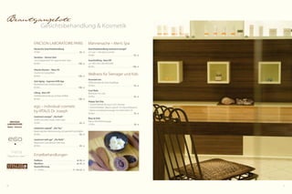 40 41
Beautyangebote
Massagen
Klassische Massagen
Rückenmassage
25 Min.  . . . . . . . . . . . . . . . . . . . . . . . . . . . . . . . . . . . . . . . . . . . 36,- €
Gesichts- und Nackenmassage
25 Min.  . . . . . . . . . . . . . . . . . . . . . . . . . . . . . . . . . . . . . . . . . . . 36,- €
Fuß- und Beinmassage
25 Min.  . . . . . . . . . . . . . . . . . . . . . . . . . . . . . . . . . . . . . . . . . . . 36,- €
Ganzkörpermassage
50 Min.  . . . . . . . . . . . . . . . . . . . . . . . . . . . . . . . . . . . . . . . . . . . 59,- €
Sportmassage
50 Min.  . . . . . . . . . . . . . . . . . . . . . . . . . . . . . . . . . . . . . . . . . . . 59,- €
Fußreflexzonenmassage nach Hanne Marquardt
50 Min.  . . . . . . . . . . . . . . . . . . . . . . . . . . . . . . . . . . . . . . . . . . . 59,- €
VITALIS-Massagen
dorsalis vitalis massage
Das anspruchsvolle Rückenprogramm
50 Min.  . . . . . . . . . . . . . . . . . . . . . . . . . . . . . . . . . . . . . . . . . . . 60,- €
armonia vitalis massage
Anti-Stress – Entspannung & Wohlbefinden
50 Min.  . . . . . . . . . . . . . . . . . . . . . . . . . . . . . . . . . . . . . . . . . . . 59,- €
equilibrio vitalis massage
Innere Balance – Ruhe & Gelassenheit
50 Min.  . . . . . . . . . . . . . . . . . . . . . . . . . . . . . . . . . . . . . . . . . . . 59,- €
vitalità vitalis massage
Hol dir Kraft – zur Stärkung geistiger & körperlicher Energie
50 Min.  . . . . . . . . . . . . . . . . . . . . . . . . . . . . . . . . . . . . . . . . . . . 59,- €
Spezialmassagen
Breuss-Massage
25 Min.  . . . . . . . . . . . . . . . . . . . . . . . . . . . . . . . . . . . . . . . . . .  37,- €
Manuelle Lymphdrainage
50 Min.  . . . . . . . . . . . . . . . . . . . . . . . . . . . . . . . . . . . . . . . . . .  59,- €
Tibetische Massage
50 Min.  . . . . . . . . . . . . . . . . . . . . . . . . . . . . . . . . . . . . . . . . . . .  59,- €
Wirbelsäulenmassage nach Dorn & Breuss
50 Min.  . . . . . . . . . . . . . . . . . . . . . . . . . . . . . . . . . . . . . . . . . .  59,- €
Shiatsu
50 Min.  . . . . . . . . . . . . . . . . . . . . . . . . . . . . . . . . . . . . . . . . . . .  75,- €
Klangmassage mit tibetischen Klangschalen
50 Min.  . . . . . . . . . . . . . . . . . . . . . . . . . . . . . . . . . . . . . . . . . . .  59,- €
Kräuterstempel-Massage
50 Min.  . . . . . . . . . . . . . . . . . . . . . . . . . . . . . . . . . . . . . . . . . . .  65,- €
Lomi Lomi Nui – hawaiianische Massage
50 Min.  . . . . . . . . . . . . . . . . . . . . . . . . . . . . . . . . . . . . . . . . . . .  65,- €
80 Min.  . . . . . . . . . . . . . . . . . . . . . . . . . . . . . . . . . . . . . . . . . . .  89,- €
La-Stone-Therapie – indianische Heilkraft
50 Min.  . . . . . . . . . . . . . . . . . . . . . . . . . . . . . . . . . . . . . . . . . . .  65,- €
80 Min.  . . . . . . . . . . . . . . . . . . . . . . . . . . . . . . . . . . . . . . . . . . .  89,- €
Physiotherapie
NEU: viszerale Osteopathie
50 Min.  . . . . . . . . . . . . . . . . . . . . . . . . . . . . . . . . . . . . . . . . . . . 80,- €
NEU: Kinesiotape
25 Min.  . . . . . . . . . . . . . . . . . . . . . . . . . . . . . . . . . . . . . . . . . . . 40,- €
Physiotherapie
50 Min.  . . . . . . . . . . . . . . . . . . . . . . . . . . . . . . . . . . . . . . . . . . . 80,- €
Triggerpoint-Massage
25 Min.  . . . . . . . . . . . . . . . . . . . . . . . . . . . . . . . . . . . . . . . . . . . 40,- €
Cranio-Sacral-Therapie
50 Min.  . . . . . . . . . . . . . . . . . . . . . . . . . . . . . . . . . . . . . . . . . . . 80,- €
Rückencheck
80 Min.  . . . . . . . . . . . . . . . . . . . . . . . . . . . . . . . . . . . . . . . . .  120,- €
Unser Tipp Bitte buchen Sie 14 Tage vor der
Anreise, damit wir Ihren Wunsch­
termin berücksichtigen können.
 