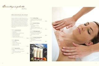 42 43
Beautyangebote
Thalasso, Peeling & Ayurveda
Ayurveda –
Schätze indischer Weisheit
Garshan – Seidenhandschuhmassage
25 Min.  . . . . . . . . . . . . . . . . . . . . . . . . . . . . . . . . . . . . . . . . . .  36,- €
Shirodhara – Stirnölguss
25 Min.  . . . . . . . . . . . . . . . . . . . . . . . . . . . . . . . . . . . . . . . . . .  59,- €
Mukabhyanga – Gesichtsmassage
50 Min.  . . . . . . . . . . . . . . . . . . . . . . . . . . . . . . . . . . . . . . . . . .  62,- €
Padabhyanga – Fußmassage
50 Min.  . . . . . . . . . . . . . . . . . . . . . . . . . . . . . . . . . . . . . . . . . .  62,- €
Upanaha Sweda – Rückenbehandlung
80 Min.  . . . . . . . . . . . . . . . . . . . . . . . . . . . . . . . . . . . . . . . . . .  89,- €
Abhyanga – Ganzkörpermassage
80 Min.  . . . . . . . . . . . . . . . . . . . . . . . . . . . . . . . . . . . . . . . . . .  89,- €
Ayurveda-Paket
1 Abhyanga
1 Mukabhyanga
1 Shirodhara
 . . . . . . . . . . . . . . . . . . . . . . . . . . . . . . . . . . . . . . . . . . . . . . . . .  179,- €
Thalasso –
Kraft aus dem Meer
Fangopackung
Inklusive kleiner Rückenmassage
50 Min.  . . . . . . . . . . . . . . . . . . . . . . . . . . . . . . . . . . . . . . . . . . . 61,- €
Ericson Laboratoire Paris
Aqua-Thermy – Anregung
1	Ganzkörpermassage
1	Korallenpeeling
1	Ganzkörperpackung mit Algen und Meerwasser
1	Pflegebehandlung mit„Mousse de Mer“
80 Min.  . . . . . . . . . . . . . . . . . . . . . . . . . . . . . . . . . . . . . . . . . . . 92,- €
Slim und Lift – straffende Reduktion
1	Anti-Cellulite-Peeling
1	leichte Ganzkörpermassage mit
	 straffenden Seren und Spezialcreme
1	Enzym-Packung
1	Abschlussbehandlung mit einer Aktiv-Creme
80 Min.  . . . . . . . . . . . . . . . . . . . . . . . . . . . . . . . . . . . . . . . . .  102,- €
Osmo-Thermy
1 Meersalz-Körperpeeling
1 Wärmepackung
50 Min.  . . . . . . . . . . . . . . . . . . . . . . . . . . . . . . . . . . . . . . . . . . . 72,- €
Körperpeeling
Korallenpeeling
Aprikosenkernpeeling
Vinschgauer Marmorpeeling
Preis pro Peeling mit Pflegebehandlung
50 Min.  . . . . . . . . . . . . . . . . . . . . . . . . . . . . . . . . . . . . . . . . . . . 59,- €
 