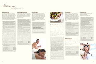 52 53
Gourmetnovember
In Naturns und Umgebung findet die
Rieslingrebe ideale Wachstums- und
Klimabedingungen: mineralreiche
Böden, viel Sonne und kühle Nächte.
Und unsere Winzer heimsen regelmäßig
internati­onale Preise für ihren Riesling
ein. Die Rieslingtage in Naturns besitzen
inzwischen internationalen Ruf. Nuan-
cenreich wie der Wein das Programm:
Verkostungen, Galamenüs im Feldhof,
Musikabende, Kellereiausflüge. Heimliche
Höhepunkte sind Degustationen im para-
diesischen Weinkeller des Feldhofs.
Arrangements
und Angebote
• Kellerei Tramin: Die neue Kellerei ist eine
Skulptur aus Metall, Zement und Glas, der
Hauptdarsteller bleibt weiterhin der aromati-
sche Gewürztraminer
• Weingut Manincor in Kaltern: Es besteht aus
einem Flachdach, unverputztem Zement auf
Holzträgern, glattem Beton, Corten-Stahl,
Eichenholz und Glas. Alle Weine werden
biodynamisch angebaut
• Kellerei Nals Margreid: eine Weinarchitektur,
die Traditionelles mit Modernem verbindet
• 1 Weindegustation mit dem Weinfachmann
Peter Dipoli in der hauseigenen Vinothek
• Täglich 7-Gänge-Themendinner
• Degustationsmenüs mit passender Weinfolge
(Aufpreis)
• Verkostung von Südtiroler und italienischen
Käsesorten mit passenden Dessertweinen
(Aufpreis)
19.10. - 26.10.2013. . . . . . . . . . . . . . .  ab 833,- €
	 Preis pro Person – 7 Übernachtungen im
DZ Spatzennest mit ¾-DolceVita-Pension
Wein & Design – Besuch bei
den innovativen Winzern
Architektur des guten Lebens, wo man
Wein im Schatten zeitgenössischer archi-
tektonischer Werke genießt. Die Umge-
bung ist die Inspiration für Gebäude, in
denen man – umgeben von Gastlichkeit,
Kunst und Natur – Südtiroler Weinkultur
genießen kann.
Frühlingswochen Apfelblütenwochen
Sommer-Wellnesswochen
•	 7 Tage kulinarische Highlights mit 7-Gänge-
Degustationsmenüs
•	 1 Flasche Prosecco und Frühlingsgruß
	 im Zimmer
•	 1 Wellnessgutschein im Wert von 30,- Euro
•	 1 Verlosung einer Cabrio Porsche-Boxster-Tour
mit Picknick
•	 1 Besuch in den botanischen Gärten von
Schloss Trauttmansdorff (Aufpreis)
•	 Relaxen im mediterranen Wellnessparadies
mit 5 verschieden beheizten Pools und 400 m²
Wasserfläche
•	 Gratisticket für Seilbahn Unterstell und
Seilbahn Texel
06.04. - 20.04.2013. . . . . . . . . . . . . . . ab 833,- €
	 Preis pro Person – 7 Übernachtungen im
DZ Spatzennest mit ¾-DolceVita-Pension
•	 7 Tage kulinarische Highlights mit 7-Gänge-
Degustationsmenüs
•	 Täglich knackige Vinschgauer Äpfel im Zimmer
•	 1 Panorama-Biketour durch den blühenden
Vinschgau mit Bike-Shuttle ins Städtchen Glurns
•	 2 geführte Wanderungen durch das Blüten-
meer mit Picknick
•	 1 Wellnessgutschein im Wert von 30,- Euro
•	 Führung durch einen Obstbaubetrieb mit
Apfelverkostung
•	 Relaxen im mediterranen Wellnessparadies
mit 5 verschieden beheizten Pools und 400 m²
Wasserfläche
•	 Gratisticket für Seilbahn Unterstell und
Seilbahn Texel
20.04. - 04.05.2013 . . . . . . . . . . . . . ab 833,- €
	 Preis pro Person – 7 Übernachtungen im
DZ Spatzennest mit ¾-DolceVita-Pension
•	 7 Tage kulinarische Highlights mit 7-Gänge-
Degustationsmenüs
•	 1 Flasche Prosecco im Zimmer
•	 Täglich Eisbuffet
•	 1 Panorama-Biketour durch den Vinschgau
mit Bike-Shuttle zum Reschensee
•	 2 geführte Wanderungen in den Nationalpark
Stilfserjoch mit Picknick
•	 1 Wellnessgutschein im Wert von 60,- Euro
•	 Verleih der DolceVita-Vespas
•	 1 Verlosung einer Cabrio Porsche-Boxster-Tour
mit Picknick
•	 Relaxen im mediterranen Wellnessparadies
mit 5 verschieden beheizten Pools und 400 m²
Wasserfläche
•	 Fit- & Aktivprogramm mit der Wellness­
trainerin
	 01.06. - 29.06.2013 . . . . . . . . . . . . . .  ab 833,- €
	 Preis pro Person – 7 Übernachtungen im
DZ Spatzennest mit ¾-DolceVita-Pension
Romantische Honeymoontage
Momente des Glücklichseins und der Zärt-
lichkeit in kleinen Gesten und großen Emo-
tionen. Aufwachen wie auf Rosen gebettet
in roter Satinbettwäsche. Kuschelig ein
verlockendes Frühstück im Zimmer genie-
ßen. Zusammen sein und sich verwöhnen
lassen den ganzen lieben Tag lang. Und
romantisch schwelgen in Köstlichkeiten bei
Kerzenschimmer. Kein Tag wie der andere
und doch jeder ein Tag des großen Glücks.
•	 Bauernluft riechen
•	 Wildnis erleben mit Günther und seinen Lamas
•	 Naturforscher unterwegs im Naturpark Texel
•	 Naturerlebnispfad Prad am Stilfser Joch
•	 Kraxeln im Hochseilgarten Ötzi Rope Park
•	 Ballgefühl erlernen – Minigolf mit Maxispaß
•	 Kultur und Geschichte neu entdecken
•	 Bunker-Mooseum
•	 Balancieren mit allen Sinnen
•	 Rad um Rad – Techniktrainingsparcours
•	 Gegenwind hervorrufen – Sommerrodeln
•	 Wasser marsch – Rafting auf der Etsch
•	 Tägliches Kinderprogramm mit Kindertisch
06.04. - 13.04.2013; 01.06. - 06.07.2013
14.09. - 28.09.2013; 19.10. - 26.10.2013
	 In den angegebenen Zeiträumen
erhalten Kinder bis 12 Jahre (max. 2
Kinder) bei einem Aufenthalt von
7 Übernachtungen 30 % Ermäßigung
auf den aktuellen Kinderpreis.
	 Gültig bei 2 Vollzahlern im Zimmer und bei einem
Aufenthalt von 7 Tagen.
Feldhofs Familienwochen
Wellness- und Urlaubsfreuden für die
ganze Familie, die Sie lieben wird!
03.11. - 21.11.2013 . . . . . . . . . . . .  ab 318,- €
	 (Buchbar nur von Sonntag bis Donnerstag)
	 Inkl. Wellnessgutschein im Wert
	 von 30,- Euro pro Zimmer *
	 Preis pro Person – 3 Übernachtungen im
DZ Spatzennest mit ¾-DolceVita-Pension
03.11. - 25.11.2013 . . . . . . . . . . . . .  ab 742,- €
	 Preis pro Person – 7 Übernachtungen im
DZ Spatzennest mit ¾-DolceVita-Pension
DolceVita-Schnuppertage
Das Leben so richtig genießen, durch-
atmen und dem Alltag die lange Nase
zeigen. Wollen Sie es sich wieder einmal
so richtig gut gehen lassen und haben Sie
Lust, sich selbst zu belohnen?
Dann sind Sie bei unseren DolceVita-
Schnuppertagen genau richtig.
•	 Welcome mit roter Satinbettwäsche
•	 1 Sektfrühstück im Zimmer
•	 1 Honeymoon-Dinner bei Kerzenlicht, auf
Wunsch auch am Pool serviert
•	 1 Cabrio Porsche-Boxtser-Tour mit Picknick
•	 1 Private-Spa-Suite
•	 1 Schnupper-Hubschrauberrundflug (gegen
Aufpreis)
•	 Relaxen im mediterranen Wellnessparadies
mit 5 verschieden beheizten Pools und
400 m² Wasserfläche
	 Gratis bei einem Aufenthalt
von 7 Übernachtungen
* Wellnessgutscheine und alle Wellness­
behandlungen der Wochen-Arrangements
nur bis 15:00 Uhr einlösbar
Nationalpark Stilfserjoch mit OrtlerKinderpreise siehe S. 57
Schloss Hochnaturns
 