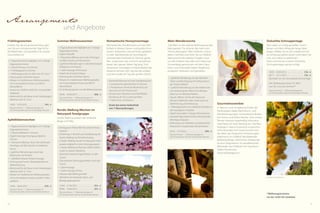 54 55
Unsere
Zimmer & Suiten 2013
Alle Zimmer verfügen über Minibar, Safe, Flatscreen-TV, Radio, Telefon und
kostenlosesWLAN.Tiefgaragenabstellplatz oder Stellplatz im Freien ist im Preis
jedes Zimmers enthalten. Alle Zimmer und Suiten sind Nichtraucherzimmer.
Haustiere sind nur auf Anfrage erlaubt.
Ötzi-Suite · ca. 45 m²
Große Sitzecke, Zirmholzmöbel, Holzboden,
begehbarer Schrank, Doppelbadewanne mit
Panoramablick, große Luxusdusche, Bidet,
Doppelwaschbecken, separates WC, Süd-Pano-
ramaterrasse, klimatisiert, Garage
DZ Almwiese · ca. 26 m²
Sitzecke, Holzboden, Dusche, WC, Balkon,
Parkplatz
DolceVita-Suite · ca. 55 m²
Getrennter Schlaf- und Wohnraum, Holzboden,
separates Kinderzimmer, Whirlwanne, große
Luxusdusche, Doppelwaschbecken, WC, großer
Süd- und Westbalkon im 3. Stock, klimatisiert,
Garage
Landliebe-Suite · ca. 40 m²
Getrennter Schlaf- und Wohnraum ODER
separates Kinderzimmer mit Stockbett,
Holzboden, Bad und Dusche, Doppelwasch-
becken, WC, Balkon, Garage
Schwalbennest-Suite · ca. 40 m²
Getrennter Schlaf- und Wohnraum, Bad und
Dusche, Doppelwaschbecken, WC, großer
Südbalkon im 3. Stock, Garage
Romantik-Suite Romeo & Julia · ca. 42 m²
Große Kuschelecke, Naturholzmöbel,
große Luxusdusche, Doppelwaschbecken,
separates WC, offener Kamin ODER
frei stehende Whirlwanne im Zimmer mit
Panoramablick, Süd-Panoramaterrasse,
klimatisiert, Garage
DZ Spatzennest · ca. 22 m²
Sitzecke, Holzboden, Dusche, WC, Balkon,
Parkplatz
Barock-Suite · ca. 50 m²
Großer Wohnraum, Couch und Relax-Sessel,
Designermöbel, begehbarer Schrank, Doppel-
badewanne, Dusche, separates WC, Privatsauna
mit Panoramaterrasse im 3. Stock, klimatisiert,
Garage
Feldschlössl-Suite · ca. 40 m²
Gemütliche Wohnecke, Holzboden, Bad
und Dusche, Doppelwaschbecken, WC,
Südbalkon, Garage
Giardino-Suite · ca. 48 m²
Große Sitzecke, Olivenholzmöbel, separates
Kinderzimmer mit Stockbett, begehbarer
Schrank, Doppelbadewanne mit Panorama-
blick, große Luxusdusche, Doppelwaschbe-
cken, separates WC, Süd-Panoramaterrasse,
klimatisiert, Garage
DZ Sonnenschein · ca. 28 m²
Gemütliche Sitzecke, Bad oder Dusche, WC,
Südbalkon, Garage
Hüttenzauber-Suite · ca. 60 m²
Exklusiv ausgestatteter Wohnraum, Naturholz-
möbel, separates Kinderzimmer, begehbarer
Schrank, 2 Bäder, Bad und Dusche, separates
WC, Süd-Panoramaterrasse, klimatisiert, Garage
DZ Blumenwiese · ca. 33 m²
Gemütliche Sitzecke, Holzboden, Dusche,
separates WC, Balkon, Parkplatz
Turm-Familien-Suite · ca. 45 m²
Getrennter Schlaf- und Wohnraum, separates
Einzelzimmer, Holzboden, 2 Bäder, Bad und
Dusche, Doppelwaschbecken, WC, Westbalkon,
Garage
Tulpen-Suite · ca. 45 m²
Getrennter Schlaf- und Wohnraum, Bad und
Dusche, Doppelwaschbecken, WC, großer
Südbalkon, Garage
7
101
134
8
112
145
9
123
156
Alle Zimmerskizzen sowie das Hotel können Sie online unter www.feldhof.com mit dem 360-Grad-Panorama-Rundgang anklicken.Die Grundrisse sind schematisch, Abweichungen sind möglich!
Feldschlössl-Suite
 