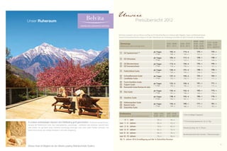 58 59
Das DolceVita-Prinzip
Zwischen Gletscher und Weinreben,
zwischen Natur und Kultur,
zwischen Almen und Palmen
Erleben Sie den einzigartigen Kontrast von alpin bis mediterran und genießen
Sie Ihre schönste Zeit im Jahr in herzlicher Gastfreundschaft inmitten einer
beeindruckenden Naturlandschaft. Die 5 nur wenige Kilometer voneinander
entfernt liegenden DolceVita Hotels laden Sie zwischen Naturns und Latsch
zu entspannenden Urlaubstagen im erhabenen Vinschgau und im lieblichen
Meraner Land ein.
Nützen Sie DolceVita Around: Ein Hotel buchen und das vielfältige Angebot
aller 5 Häuser auskosten. Kurzum: Genießen Sie das süße Leben!
 