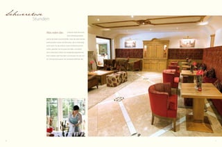 16 17
Sonnenkuss
am Morgen
Wohlgefühl des Feldhofes ver-
bindet sich in den Zimmern
und Suiten mit zeitloser Eleganz. Heimische Materialien,
italienische Stoffe und erlesene Details atmen alpine Be-
haglichkeit und mediterrane Lebensfreude. Himmlische
Bettruhe ist hier weit weg von jedem störenden Lärm.
Und der Morgen? Die milde Sonne des Meraner Landes
küsst Sie behutsam wach.
Das sonnige
Romantik-Suite Romeo & Julia
 