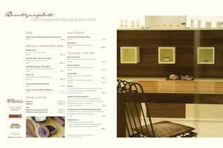 Beautyangebote

Gesichtsbehandlung & Kosmetik

BERG

NUR FÜR IHN

Alpenrosen-Gesichtsbehandlung für Sie und Ihn
80 Min. . . . . . . . . . . . . . . . . . . . . . . . . . . . . . . . . . . . . . . . . . . . 89,- €

Klassische Gesichtsbehandlung
50 Min. . . . . . . . . . . . . . . . . . . . . . . . . . . . . . . . . . . . . . . . . . . . 70,- €

ERICSON LABORATOIRE PARIS

MAN RELAX
Tiefgreifende Anti-Faltenbehandlung
80 Min. . . . . . . . . . . . . . . . . . . . . . . . . . . . . . . . . . . . . . . . . . . 105,- €

DERMA CALM
Anti-Stress bei sensibler Haut
80 Min. . . . . . . . . . . . . . . . . . . . . . . . . . . . . . . . . . . . . . . . . . . 105,- €
NEU: BIO PURE – Skin oxy Therapie
Vitaminkick für gestresste Haut
80 Min. . . . . . . . . . . . . . . . . . . . . . . . . . . . . . . . . . . . . . . . . . . 105,- €
SUPREME DHE.Age – ANTI-AGING
Revitalisierende Anti-Falten-Behandlung
80 Min. . . . . . . . . . . . . . . . . . . . . . . . . . . . . . . . . . . . . . . . . . . 105,- €
BOTU “VIP”
Tief greifende Anti-Falten-Behandlung
80 Min. . . . . . . . . . . . . . . . . . . . . . . . . . . . . . . . . . . . . . . . . . . 105,- €
Klassische Gesichtsbehandlung
50 Min. . . . . . . . . . . . . . . . . . . . . . . . . . . . . . . . . . . . . . . . . . . . 70,- €
Augen-Lifting mit Mikro-Collagenen
25 Min. . . . . . . . . . . . . . . . . . . . . . . . . . . . . . . . . . . . . . . . . . . . 37,- €

Hände und Füße
Maniküre . . . . . . . . . . . . . . . . . . . . . . . . . . . . . . . . . . . . . ab 39,- €
Pediküre . . . . . . . . . . . . . . . . . . . . . . . . . . . . . . . . . . . . . . ab 43,- €
NEU:
Maniküre mit permanent Lack . . . . . . . . . . . . . . . ab 60,- €
Pediküre mit permanent Lack . . . . . . . . . . . . . . . ab 65,- €

Young Spa – Kids only
Boys & Girls Body
Kleine Wohlfühlmassage mit duftendem Öl
25 Min. . . . . . . . . . . . . . . . . . . . . . . . . . . . . . . . . . . . . . . . . . . . 32,- €
Boys & Girls Face
Gesichtsbehandlung je nach Hauttyp
50 Min. . . . . . . . . . . . . . . . . . . . . . . . . . . . . . . . . . . . . . . . . . . . 59,- €
Fantasy Nails
Maniküre mit Lack und Fantasiekleber
50 Min. . . . . . . . . . . . . . . . . . . . . . . . . . . . . . . . . . . . . . . . . . . . 42,- €
Pediküre mit Lack und Fantasiekleber
50 Min. . . . . . . . . . . . . . . . . . . . . . . . . . . . . . . . . . . . . . . . . . . . 45,- €
Shiatsu
Zur Harmonisierung des Energiesystems. Verbessert
die Leistungs- und Konzentrationsfähigkeit
25 Min. (ab 5 Jahren). . . . . . . . . . . . . . . . . . . . . . . . . . . . . . 38,- €
Shiatsu für Kinder und Eltern
Erlernen von einfach anwendbaren Griffen für den
Hausgebrauch, um den Kindern Wohlbefinden, Nähe,
Geborgenheit und Ruhe zu schenken
50 Min. (ab 5 Jahren) . . . . . . . . . . . . . . . . . . . . . . . . . . . . . 70,- €
Klangmassage mit tibetanischen Klangschalen
Beruhigend und entspannend. Steigert die Konzentrationsfähigkeit und fördert die Kreativität
25 Min. . . . . . . . . . . . . . . . . . . . . . . . . . . . . . . . . . . . . . . . . . . . 32,- €
Happy Spa Day
1 Gesichtsbehandlung je nach Hauttyp
1 Schönheitsbad „Blaue Lagune“ im Aqua-Relaxpool
1 kleine Wohlfühlmassage mit duftendem Öl
. . . . . . . . . . . . . . . . . . . . . . . . . . . . . . . . . . . . . . . . . . . . . . . . . . 108,- €

Alle Young-Spa-Anwendungen sind nur
bis	15:00	Uhr	buchbar.
36

37

 