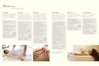 Wellness

Arrangements

Verwöhntage

Zeit zu zweit

Wirbel im Lot

Balance-Wochen

Zeit für mich

Fit- und Vitalwochen

Naturreine Heilkräfte der Südtiroler Berge
erleben. Alpenrose, Edelweiß, Arnika &
Co. So heißen sie, die Hauptdarsteller der
ersten bio-zertifizierten Kosmetiklinie,
die exklusiv im Feldhof zur Anwendung
kommen.

Urlaub. Auszeit vom Alltag, Zeit für sich
selbst und die Partnerschaft. Zeit, zusammenzufinden, Gemeinsames zu erleben,
miteinander zu lachen, erleben, entdecken,
begreifen. Es soll Ihnen einfach gut gehen
bei uns. Mit Leidenschaft bereiten wir alles
vor, um Sie glücklich zu machen.

Ob als Bestandteil eines Therapieplans oder
zur Vorbeugung von Beschwerden – bei
dem speziell für Sie ausgearbeiteten „Rückenprogramm“ erlernen Sie das rückengerechte Verhalten im Alltag mit gezielten
Dehn- und Kräftigungsübungen, damit Ihre
Wirbelsäule beweglich und gesund bleibt.

Im Leben geht es darum, die eigene
Balance zu finden. Doch allzu leicht kommt
diese in unseren stressgeplagten Tagen ins
Wanken. Unsere Balance-Wochen setzen
genau da an und geben Ihnen die Möglichkeit, Ihren persönlichen Ausgleich und
innere Harmonie wiederzufinden.

Unser Spezialpaket für Frauen lädt ein,
Freundschaften, aber auch Körper und
Seele zu pflegen und dem Alltag eine Zeit
lang die rote Karte zu zeigen.

Eine Zeit, die Sie Ihrem Körper widmen.
Eine Woche, in der Sie Ihren Körper
in Schwung bringen, Fett abbauen
und Muskeln aufbauen.

•	 1 BERG Vitalisierungs-Paket:
Vinschgauer Arnika-Lehm-Packung mit
Sportmassage
oder
•	 1 BERG Erlebnis-Paket:
Vinschgauer Marmorpeeling mit Edelweißbad,
Edelweiß-Körperpflege und Gesichts- und
Kopfmassage
•	 Relaxen im mediterranen Wellnessparadies
mit 5 verschieden beheizten Pools
und 400 m² Wasserfläche
30.03. - 03.04.2014 . . . . . . . . . . . . . . ab 480,- €
04.05. - 08.05.2014 . . . . . . . . . . . . . . ab 532,- €
29.06. - 03.07.2014 . . . . . . . . . . . . . . ab 532,- €
	 (Buchbar nur von Sonntag bis Donnerstag)

•	 1 Romantische Willkommens-Überraschung
im Zimmer
•	 1 Langschläfer-Frühstück im Restaurant
oder Kuschel-Frühstück im Zimmer
•	 1 7-Gang Candlelight-Galadinner
•	 Romantische Spa-Stunden in der Private-SpaSuite (ohne Behandlung)!
Für 2 Stunden haben Sie unser Private-Spa
ganz für sich alleine. Lassen Sie sich außerdem mit kulinarischen Gaumenfreuden verwöhnen und genießen Sie bei einer Flasche
Prosecco romantische Stunden
30.03. - 10.04.2014 . . . . . . . . . . . . .  ab 476,- €
22.06. - 26.06.2014 . . . . . . . . . . . . .  ab 528,- €

	 Preis pro Person –  4 Übernachtungen im

DZ Spatzennest mit ¾-DolceVita-Pension

	

02.11. - 20.11.2014 . . . . . . . . . . . . .  ab 476,- €
(Buchbar nur von Sonntag bis Donnerstag)

•	 1 Fangopackung mit Rückenmassage
•	 1 Rücken Intensiv Massage
nach Johannes Salchenegger ®
•	 Rückentraining mit oder ohne Geräte
•	 Rumpfkräftigungstraining für Koordination
und Tiefenstabilisierung
•	 Rückenfit im Solebecken, 34 °C
•	 Wärmetherapie in der Infrarotkabine
•	 Kissen à la carte – Auswahl an 10 wohltuenden Gesundheits- und Kräuterkissen
•	 Matratzenauflagen mit Zirm, Torf,
Weidenrinde oder Moschus
•	 Relaxen im mediterranen Wellnessparadies
mit 5 verschieden beheizten Pools
und 400 m² Wasserfläche

	 Preis pro Person – 4 Übernachtungen im

DZ Spatzennest mit ¾-DolceVita-Pension
	

30.03. - 10.04.2014 . . . . . . . . . . . . . ab 497,- €
22.06. - 26.06.2014 . . . . . . . . . . . . . ab 549,- €
02.11. - 20.11.2014 . . . . . . . . . . . . . ab 497,- €
(Buchbar nur von Sonntag bis Donnerstag)

	 Preis pro Person – 4 Übernachtungen im

DZ Spatzennest mit ¾-DolceVita-Pension

•	 Täglich Tiefenentspannung – Kennenlernen
verschiedener Entspannungstechniken
•	 Meditative Wanderung – Meditations­
techniken in Bewegung und Einstimmung
mit der Natur
•	 Spezielle Bewegungseinheiten zur Steigerung
der Körperwahrnehmung
•	 1 equilibrio vitalis massage – innere Balance –
Ruhe und Gelassenheit
•	 1 Serailbad mit entschlackendem Schlamm
•	 1 Vinschgauer Marmorpeeling
•	 4 Senses Lounger – ergonomisch geformte
Relaxliege mit Klangmembranen und
Farblichtwechsel frei zu Ihrer Verfügung
•	 Infrarotkabine zur Stärkung des Immun­systems
•	 Kissen à la carte – Auswahl an 10 wohltuenden
Gesundheits- und Kräuterkissen
•	 Matratzenauflagen mit Zirm, Torf, Weiden­
rinde oder Moschus für einen gesunden Schlaf
•	 Auswahl an verschiedenen Entspannungs­tees
im Zimmer
•	 „Leicht genießen“ – exquisite Gourmetküche als
Balsam für die Seele

•	 1 Aprikosenkernpeeling
•	 1 klassische Gesichtsbehandlung
•	 1 Gesichts- und Nackenmassage
•	 Relaxen im mediterranen Wellnessparadies
mit 5 verschieden beheizten Pools und
400 m² Wasserfläche

	

27.04. - 22.05.2014 . . . . . . . . . . . . . ab 561,- €
02.11. - 20.11.2014 . . . . . . . . . . . . . ab 509,- €
(Buchbar nur von Sonntag bis Donnerstag)

	 Preis pro Person – 4 Übernachtungen im
DZ Spatzennest mit ¾-DolceVita-Pension

•	 Tägliches Fatburning-Training im Wasser, um
Ihre Gelenke zu schonen
•	 Tägliches Body-Toning-Workout, um die
Muskulatur zu stärken und den Körper
zu formen
•	 3 Nordic Walking-Einheiten
im Naturpark Texelgruppe
•	 3 vitalità vitalis massagen – zur Stärkung
geistiger und körperlicher Energie
•	 „Leicht genießen“ – exquisite Gourmetküche
als Vitalquelle
10.05. - 17.05.2014 . . . . . . . . . . . . . . ab 944,- €
21.06. - 28.06.2014 . . . . . . . . . . . . . . ab 944,- €
	 Preis pro Person –  7 Übernachtungen im

DZ Spatzennest mit ¾-DolceVita-Pension

05.04. - 12.04.2014 . . . . . . . . . . . .  ab 840,- €
17.05. - 24.05.2014 . . . . . . . . . . . .  ab 931,- €
	 Preis pro Person – 7 Übernachtungen im
DZ Spatzennest mit ¾-DolceVita-Pension

Wellnessgutscheine und alle Wellness­
behandlungen der Wochen-Arrangements
nur bis 15:00 Uhr einlösbar

50

51

 