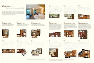 Unsere

7

8

Romantik-Suite · ca. 42 m²

Zimmer & Suiten 2014

Alle Zimmer verfügen über Minibar, Safe, Flatscreen-TV mit Radio, Telefon und
gratis WLAN. Garagenplatz oder Parkplatz (je nach Zimmerkategorie) ist im
Preis jedes Zimmers enthalten. Alle Zimmer und Suiten sind Nichtraucherzimmer. Haustiere sind nur auf Anfrage erlaubt.

Ötzi-Suite · ca. 45 m²

Große Kuschelecke, Naturholzmöbel, große
Luxusdusche, Doppelwaschbecken, separates
WC, oﬀener Kamin ODER freistehende Badewanne im Zimmer mit Panoramablick, großer
Südbalkon mit Liegestuhl, Garagenplatz,
klimatisiert

Große Sitzecke, Holzboden, Zirbenholzmöbel,
begehbarer Schrank, große Luxusdusche,
Doppelbadewanne mit Panoramablick,
Doppelwaschbecken, separates WC mit Bidet,
großer Südbalkon mit Liegestuhl, Garagenplatz,
klimatisiert

9

NEU: Ambiente-Suite · ca. 45 m²
Großer Wohnraum mit Kuschelecke, Holzboden, Naturholzmöbel, Luxusdusche, Badewanne, Doppelwaschbecken, separates WC,
großer Südbalkon, Garagenplatz, klimatisiert

Belvita-Suite
1

2

3

10

11

12

DZ Spatzennest · ca. 22 m²

DZ Almwiese · ca. 26 m²

DZ Blumenwiese · ca. 33 m²

Oliven-Suite · ca. 48 m²

NEU: Bergzauber-Suite · ca. 50 m²

Hüttenzauber-Suite · ca. 60 m²

Gemütlicher Sessel, Holzboden, Naturholzmöbel, Dusche, WC, Balkon, Parkplatz

Gemütliche Sitzecke, Holzboden, Naturholzmöbel, Dusche, WC, Balkon, Parkplatz

Gemütliche Sitzecke, Holzboden, Naturholzmöbel, Dusche, separates WC, Balkon, Parkplatz

Große Sitzecke, Olivenholzmöbel, separates
Kinderzimmer mit Stockbett, begehbarer
Schrank, Doppelbadewanne mit Panoramablick, große Luxusdusche, Doppelwaschbecken, separates WC, großer Südbalkon mit
Liegestuhl, Garagenplatz, klimatisiert

Gemütliche Sitzecke, Holzboden, Naturholzmöbel, separates Kinderzimmer mit zwei
getrennten Betten, Badewanne, Luxusdusche,
separates WC, großer Südbalkon, Garagenplatz,
klimatisiert

Exklusiv ausgestatteter Wohnraum, Naturholzmöbel, separates Kinderzimmer mit zwei
getrennten Betten, begehbarer Schrank, zwei
Bäder, Badewanne und Dusche, separates WC,
große Süd-Ost-Panoramaterrasse mit Liegestuhl, Garagenplatz, klimatisiert

6

13

14

15

Turm-Suite · ca. 45 m²

Barock-Suite · ca. 50 m²

Belvita-Suite · ca. 63 m²

NEU: DolceVita-Suite · ca. 62 m²

Getrennter Schlaf- und Wohnraum, separates
Einzelzimmer, Holzboden, gemütliche Couch,
zwei Bäder, Badewanne und Dusche, Doppelwaschbecken, WC, Westbalkon, Garagenplatz

Großer Wohnraum, Couch und Relax-Sessel,
Designermöbel, begehbarer Schrank, Doppelbadewanne, Dusche, separates WC, große
Panoramaterrasse im 3. Stock mit Privatsauna
und Liegestühle, Garagenplatz, klimatisiert

Exklusiv ausgestatteter Wohnraum mit Sitzecke
und Designersessel, Holzboden, Naturholzmöbel, großes separates Kinderzimmer mit zwei
getrennten Betten und Westbalkon, zwei Bäder,
Badewanne und Dusche, Doppelwaschbecken,
separates WC, große Ost-Panoramaterrasse mit
Liegestuhl, Garagenplatz, klimatisiert

Exklusiv ausgestatteter Wohnraum mit
Kuschelecke, Holzboden, Naturholzmöbel,
separates Kinderzimmer mit zwei getrennten
Betten, Doppelwaschbecken, Badewanne,
Luxusdusche, separates WC, großer Südbalkon,
Garagenplatz, klimatisiert

4

5

NEU: DZ Sonnenschein · ca. 32 m²

Landliebe-Suite · ca. 40 m²

Gemütliche Sitzecke, Holzboden, Naturholzmöbel, Dusche, Doppelwaschbecken,
separates WC, Südbalkon, Garagenplatz,
klimatisiert

Getrennter Schlaf- und Wohnraum ODER separates Kinderzimmer mit Stockbett, Holzboden,
Naturholzmöbel, Badewanne und Dusche, WC,
Balkon, Parkplatz

Die Grundrisse sind schematisch, Abweichungen sind möglich!
54

Alle Zimmerskizzen sowie das Hotel können Sie online unter www.feldhof.com mit
dem 360-Grad-Panorama-Rundgang anklicken.

55

 