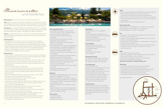 Wissenswertes

Flüge
• Berlin/Frankfurt/Hamburg/Düsseldorf/Köln/Stuttgart–Innsbruck/Verona/
Mailand und Venedig: ab 140,- Euro pro Person, inkl. Taxen,
	 www.airberlin.com,	www.germanwings.de	und	www.lufthansa.de
• Wien–Innsbruck: ab 110,- Euro pro Person, inkl. Taxen, www.austrian.com
• London–Verona/Mailand/Innsbruck: ab 90,- Euro pro Person, inkl. Taxen,
www.easyjet.com
• Flughafen Bozen Infos über www.bolzanoairport.it

Zimmer: 56 Zimmer und Suiten (ca. 22 - 63 m², alle neu renoviert) im modernen, alpinmediterranen Design, Naturholzmöbel, Holzboden, Nichtraucher, kostenloses WLAN,
großteils klimatisiert.
Qualitätsgarantie:
• Der HolidayCheck Award 2010, 2011, 2012 und 2013 wird auf Grundlage aller
Hotelbewertungen eines Jahres verliehen. Allein die Meinung der Urlauber zählt!
Die 99 beliebtesten Hotels weltweit wurden aus über 300.000 Bewertungen ermittelt.
Die Anzahl der Bewertungen, die Weiterempfehlungsrate und die einzelnen Kategorien
werden ins Verhältnis gesetzt. Und der Feldhof ist einer der Publikumslieblinge!
• Die Belvita-Angebotsgruppe unterzieht unser Gesamtangebot einem jährlichen
Qualitätscheck mit Veröffentlichung der Ergebnisse.
Kleingedrucktes :
• Anreise/Abreise: Am Anreisetag stehen Ihnen die Zimmer ab 15:00 Uhr zur Verfügung.
Am Abreisetag ersuchen wir Sie, die Zimmer bis 11:00 Uhr freizugeben. Falls Sie später
als 19:00 Uhr anreisen, bitten wir um kurze Nachricht.
• Eine Annullierung Ihrer Zimmerreservierung ist nur bis 3 Wochen vor dem Anreisedatum kostenfrei möglich. Bei einer kürzeren Stornierungszeit verrechnen wir
70 % des gebuchten Arrangements. Das Gleiche gilt bei verspäteter Ankunft oder
vorzeitiger Abreise.
• Zimmerstornierungen sind nur schriftlich gültig.
• Durch unsere günstige Rücktrittsversicherung von 5,- Euro pro Person und Tag
sind alle Stornokosten bei Unfall, Krankheit oder Todesfall des Versicherten, der
Kinder, Geschwister, Eltern oder Großeltern gedeckt. Bitte bei der Reservierung
gleich mitbuchen.
• Wir bitten Sie, Wellnessanwendungen 14 Tage vor der Anreise zu buchen, damit
wir Ihre gewünschten Termine berücksichtigen können.
• Bei Zimmer mit Frühstück werden 11,- Euro pro Person und Tag
vom ¾-DolceVita-Pensionspreis abgezogen.
• Hunde sind bei uns gerne willkommen. Haben Sie jedoch Verständnis, dass dies nicht
für den Speisesaal und den Wellnessbereich gilt. Für Ihren „Liebling“ berechnen
wir 20,- Euro pro Tag, ohne Verpflegung.
• Wir akzeptieren alle Kreditkarten außer Diners Club und American Express.
Klären Sie mit Ihrer Bank die Verfügbarkeit im Ausland ab.
• Bitte haben Sie Verständnis, dass das Buchen von Zimmerkategorien möglich ist,
nicht jedoch die Reservierung bestimmter Stockwerke.
• Mit dieser Preisliste verlieren alle bisherigen ihre Gültigkeit. Preisänderungen,
Druckfehler und Irrtum sowie Angebotsänderungen vorbehalten.
• Bei eventuellen Mehrwertsteuersatzerhöhungen werden die Preise angeglichen.
• Zu den angeführten Tagespreisen wird vor Ort 1,30 Euro pro Person und Tag
(ab 14 Jahre) für die Ortstaxe verrechnet.
70

Die ¾-DolceVita-Pension
• Reichhaltiges, ausgewogenes Frühstücksbuﬀet
von 7:45 bis 10:30 Uhr mit Bio- und Vitalprodukten,
laktose- und glutenfreien Erzeugnissen
• Frühstück auf unserer mediterranen Terrasse
am Koiteich
• Frühstücksköchin Gabi bereitet für Sie frische
Eiergerichte in der Showküche zu
• Täglich Proseccofrühstück und frisch gepresste
Frucht- und Gemüsesäfte
• Ab 13:30 bis 16:00 Uhr Showküche mit Nudelgerichten,
Suppe, Salatbuffet und zwei kalten Tagesgerichten,
von 13:30 bis 17:00 Uhr hausgemachte Kuchen mit
Kaffee, Tee, Fruchtsäften, Wasser und Obst
• Ab 19:00 Uhr 6 bis 8-Gänge-Gourmetmenüs à la carte,
mit Salatbuffet
• Traumhafte Dessertkreationen aus eigener Patisserie
• Vegetarische und kalorienreduzierte Küche
• Auf Wunsch Diät, Laktose- und Zöliakieküche
• Teilen Sie uns bitte Ihre Diätwünsche vor der Anreise mit
• Ganztägig Tees und frisches Quellwasser in der
Beauty- und Saunalandschaft
• Ganztägig Obst vom Obstkorb sowie bei der Ankunft
im Zimmer
• Wöchentlicher Begrüßungscocktail mit
Familie Perathoner am Sonntag
Nützliches
• Bademäntel und Badeslipper liegen im Zimmer bereit
• Badekorb mit Badetüchern im Zimmer
• Regenschirm, Trinkﬂasche und Rucksack im Zimmer
• Föhn, Schminkspiegel und BERG Körper- und Pﬂegeserie
• Große Auswahl an Schlaf- und Gesundheitskissen für
einen erholsamen Schlaf
• Matratzenauﬂagen mit Zirm, Torf, Weidenrinde oder
Moschus
• Besser-schlafen-Korb zum Ausleihen mit Leselektüre
auf E-Book, Entspannungsmusik auf MP3-Player und
vielen Einschlafhilfen und Tipps
Sport und Fun
• 2 DolceVita-Vespas 50
• 1 DolceVita-Vespa 200
• Tanzabend mit Livemusik

Interessantes
• Weindegustationen in der hauseigenen
Vinothek
• Kulturabende (Sagen und Brauchtümer aus
dem Vinschgau, Besichtigung der Prokuluskirche
und des neuen Museums)
• Kostenloses WLAN im ganzen Haus und
Infopoint mit Internetzugang
Extras (Aufpreis)
• DolceVita-Cabrio Porsche Boxster
• Paragleiten, Reiten, Canyoning, Klettern,
Hochseilgarten, Rafting
• Tennishalle
• Ihre gewünschte Tageszeitung
• Fully- und E-Bikes
Schönwetter-Garantie
Sie urlauben im niederschlagsärmsten Gebiet
der Alpen: Bei 315 Sonnentagen brauchen wir
den Vergleich mit Sizilien nicht zu scheuen.
Für Empfehlungen
Unser Dankeschön an Sie!
Sie haben sich bei uns wohlgefühlt und möchten
auch Ihren Freunden davon erzählen?
Für jede vermittelte Zimmerbuchung und mind.
5 Übernachtungen eines neuen Gastes
(d. h. erster Aufenthalt im Feldhof ) erhalten Sie
einen Dankeschön-Bonus: von einer Flasche
Prosecco für die erste Empfehlung bis hin zu
einem Gutschein für 2 Übernachtungen für
2 Personen für die fünfte Empfehlung.

Bus
• Stuttgart–Ulm–Meran, jeden Samstag ganzjährig, 160,- Euro pro Person
hin & retour, www.suedtiroltours.de
• Stuttgart–Vinschgau, jeden Samstag ganzjährig, 155,- Euro pro Person
hin & retour, www.suedtiroltours.de
• München–Naturns–Latsch–München, auf Anfrage, ab 90,- Euro pro Person
hin & retour, www.suedtiroltours.de
• St. Gallen–Winterthur–Zürich–Latsch/Naturns & retour, jeden Samstag
von 06.04. bis 26.10.2014, ab 180,- CHF pro Person hin & retour,
www.meranerland.com
Bahn
• Neue Bahnverbindung aus der Schweiz
Basel–Zürich–Landquart–Klosters–Vereina-Ofenpass–Müstair–Naturns
(Fahrzeit Zürich–Naturns ca. 5 h), www.sbb.ch
• Deutsche Bahn Autoreisezug bis Bozen, www.dbautozug.de
• Österreichische Bundesbahn, www.oebb.at
Wir holen Sie kostenlos vom Bahnhof Naturns ab!
Abholdienst
• Vom Flughafen oder Bahnhof zum Hotel: Innsbruck / Verona
ab 99,- Euro pro Person/hin und retour, ab 2 Personen
• Vom Flughafen zum Hotel: Die Südtirol Marketing Gesellschaft SMG
organisiert das ganze Jahr über kostengünstige Transfers von
den Flughäfen in die Hotels ab 25,- Euro pro Person,
www.suedtirol.info/Wissenswertes/Anreise/Flughafentransfer
Änderungen vorbehalten

Freude schenken
Was schenken, wenn jemand schon alles hat?
Mit dem Feldhof-Gutschein schenken Sie etwas,
wovon niemand genug haben kann: unvergleichliche Erlebnisse, glückliche Tage, wundervolle
Augenblicke, bleibende Erinnerungen, Vitalität
und Energie!

HOCHNATURNS

RESCHENPASS

Ihre Ferienhotline: +39 0473 666 366 · info@feldhof.com · www.feldhof.com

FEL DG AS SE
ST.-P ROK ULU S-ST R.

Ausstattung: Das sonnige Wohngefühl der Südtiroler Berge mischt sich mit mediterraner Eleganz. Warme, wohlige Atmosphäre, gepaart mit Zeitgeist-Design aus heimischen
Materialien. Mediterranes Ambiente – der ideale Platz für Beauty und Wellness.

Flüge buchbar über
www.expedia.de	–	www.billigflieger.de	–	www.fluege.de	–	www.flug24.de	–
	
	
	
www.skyscanner.de	–	www.ticketpoint.de	–	www.skyways.de	–
www.megaflieger.de	–	www.azfly.it	–	www.opodo.de
	
	

EINBAHN

Lage: Naturns bei Meran, der sonnigste Ort im Meraner Land, eingerahmt vom Naturpark Texelgruppe im Norden, vom Süden grüßt die Ortlergruppe mit dem Nationalpark
Stilfserjoch. Der Feldhof ist eine Oase der Ruhe – trotzdem ist das aktive Leben ganz nah.

RATHAUSST RASSE

Öffnungszeiten: 27.03.2014 bis 23.11.2014 und 25.12.2014 bis 06.01.2015

SCH LOS SW EG

und Nützliches

HAUPTSTRASSE

ST.-PROKULUSKIRCHE

NATURNS
OST

MERAN

71

 