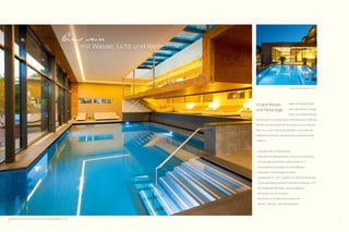 Eins sein

mit Wasser, Licht und Weite

Soleschwimmbecken 34 °C

Unsere Wasserund Parkanlage

bietet weitläufige Freiflächen, gemütliche LoungeEcken und abgeschiedene

Kuscheloasen in einzigartigem und exklusivem Ambiente.
Der Blick auf das traumhafte Panorama rund um Naturns
lässt sich so noch viel besser genießen und macht den
Feldhof zu einem der inspirierendsten Urlaubsdomizile
Südtirols.

• Insgesamt 400 m Wasserfläche
• Hallenbad mit Massagedüsen und Schwimmschleuse
zum ganzjährig beheizten Außenbecken 31 °C,
mit integrierten Massage- und Sprudelliegen
• Ruhezonen und Ruhegalerie indoor
• Sportbecken 27 - 29 °C, beheizt von März bis November
• Großes, ganzjährig beheiztes Soleschwimmbecken 34 °C,
mit integrierten Massage- und Sprudelliegen
• Kinderpool mit 35 m Rutsche
• Ruhezonen im mediterranen Garten mit
Palmen-, Zitronen- und Olivenbäumen

Hallenbad mit Schwimmschleuse zum Außenbecken 31 °C
6

7

 