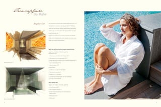 34 35
Traumpfade
der Ruhe
sich entspannt in die Hände unseres erfahrenen Spa- und
Beautyteams und lassen Sie sich auf 2.000 m² Wellness-
landschaft verwöhnen. Neben traditionellen Wellnessbe-
handlungen, wie Massagen oder Sauna, bieten wir auch
neue Methoden an.
Begeben Sie sich mit uns in einen Zustand von Wohlbe-
finden und Zufriedenheit und es werden sich Ihnen neue
Pfade der inneren Ruhe eröffnen!
NEU: Sky-Spa Saunawelt auf dem Feldhof-Dach:
Täglich von 12:00 bis 19:30 Uhr geöffnet
Kinderfreie Zone
• Infrarotsauna mit Blick über Naturns 35 °C
• Altholzsauna mit Panoramablick 90 °C
• Zirben-Biosauna mit Blick auf die Südtiroler Bergwelt 60 °C
• Aroma-Dampfbad 40 °C
• Salzsteinsauna 50 °C
• Eisbrunnen
• 2 Chillout-Lounges mit Rundblick
• Tauchbecken (outdoor)
• Solepool 34 °C (outdoor)
• 2 große Panoramaterrassen mit Kuschelliegen
und 360° Panoramablick
NEU: Family-Spa:
Täglich von 15:00 bis 18:00 Uhr geöffnet
• Zitrus-Biosauna 60 °C
• Sole-Inhalationsbad 42 °C
• Kinder-Erlebnishallenbad mit verschiedenen
Wasserspielen
• Erlebnisduschen
• Relaxliegen
Begeben Sie
Aroma-Dampfbad 40 °C
Salzsteinsauna 50 °CSalzsteinsauna 50 °C
 