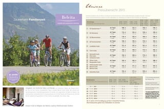 56 57
Kinderpreise
(Preise pro Kind, inkl. ¾-DolceVita-Pension)
26.03. - 11.07.
05.09. - 22.11.
11.07. - 05.09.
25.12.15 - 06.01.16
In den Suiten
Hüttenzauber/Belvita/
DolceVita
11.07. - 05.09.
25.12.15 - 06.01.16
	 0 -1	 Jahr 21,- € 31,- € 31,- €
ab	 1 - 3	 Jahre 47,- € 58,- € 73,- €
ab	 3 - 6	 Jahre 59,- € 69,- € 84,- €
ab	 6 - 9	 Jahre 69,- € 79,- € 94,- €
ab	 9 -12	 Jahre 75,- € 85,- € 100,- €
ab	 12-15	 Jahre 88,- € 103,- € 118,- €
** EZ-Zuschlag Spatzennest
30,- Euro pro Tag
Mindestaufenthalt über
Silvester 7 Übernachtungen
Silvesterzuschlag 50,- Euro
pro Erwachsenen
* Zu den angeführten Ta-
gespreisen wird vor Ort
1,30 Euro pro Person und
Tag (ab 14 Jahre) für die
Ortstaxe verrechnet.
Ab 15 Jahren 30 % Ermäßigung auf die ¾-DolceVita-Pension.
Alle Kinderpreise gelten bei 2 Vollzahlern im Zimmer.
Zimmertyp
(Abbildungen siehe vorherige Seite)
26.03. – 01.04.
31.10. – 22.11.
11.04. – 11.07.
17.10. – 31.10.
01.04. – 11.04.
01.07. – 18.07.
22.08. – 03.10.
10.10. – 17.10.
18.07. – 22.08.
03.10. – 10.10.
25.12.2015 –
06.01.2016
DZ Spatzennest **
ab 7 Tagen
1-6 Tage
109,- €
115,- €
122,- €
128,- €
136,- €
142,- €
146,- €
152,- €
DZ Almwiese
ab 7 Tagen
1-6 Tage
112,- €
118,- €
125,- €
131,- €
139,- €
145,- €
149,- €
155,- €
DZ Blumenwiese
ab 7 Tagen
1-6 Tage
119,- €
125,- €
132,- €
138,- €
146,- €
152,- €
156,- €
162,- €
DZ Sonnenschein
ab 7 Tagen
1-6 Tage
126,- €
132,- €
140,- €
146,- €
154,- €
160,- €
164,- €
170,- €
Landliebe-Suite
ab 7 Tagen
1-6 Tage
131,- €
137,- €
147,- €
153,- €
161,- €
167,- €
171,- €
177,- €
Turm-Suite
ab 7 Tagen
1-6 Tage
140,- €
146,- €
158,- €
164,- €
172,- €
178,- €
182,- €
188,- €
Romantik-Suite
Ötzi-Suite
Ambiente-Suite
ab 7 Tagen
1-6 Tage
142,- €
148,- €
160,- €
166,- €
174,- €
180,- €
184,- €
190,- €
Oliven-Suite
Bergzauber-Suite
ab 7 Tagen
1-6 Tage
145,- €
151,- €
163,- €
169,- €
178,- €
184,- €
188,- €
194,- €
Hüttenzauber-Suite
Barock-Suite
Belvita-Suite
ab 7 Tagen
1-6 Tage
153,- €
159,- €
171,- €
177,- €
187,- €
193,- €
197,- €
203,- €
DolceVita-Suite
ab 7 Tagen
1-6 Tage
153,- €
159,- €
177,- €
183,- €
194,- €
200,- €
204,- €
210,- €
Unsere
Preisübersicht 2015
Die Preise verstehen sich pro Person und Tag mit ¾-DolceVita-Pension inklusive Mehrwertsteuer (zuzüglich Ortstaxe 1,30 Euro).*
Unsere ¾-DolceVita-Pension beginnt mit dem Abendessen am Anreisetag und endet mit dem Frühstück am Abreisetag.
brandnamic.com|Foto:MGM/FriederBlickle,Archiv:lamaienaLIFERESORT
LEADING WELLNESSHOTELS SÜDTIROL
Umgeben von herrlicher Natur und fernab vom hektischen Treiben des Alltags verbrin-
gen Sie mit Ihrer Familie unvergessliche Tage in unseren Belvita Family Hotels. Mit unserem ab-
wechslungsreichen Unterhaltungsprogramm für Kinder und Jugendliche mit Spiel und Spaß in der
sommerlichen Landschaft wird Ihr Urlaubszuhause zum Ort der Freude und Entspannung. Gönnen
Sie sich glückliche Augenblicke mit Ihrer Familie und genießen Sie schöne Tage.
Dieses Hotel ist Mitglied der Belvita Leading Wellnesshotels Südtirol.
LEADING WELLNESSHOTELS
SÜDTIROL
20 JAHRE
Belvita
Zauberhafte Familienzeit
 