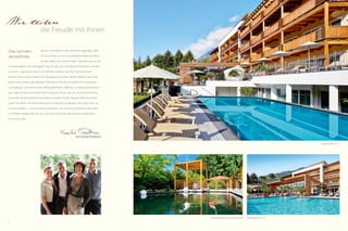 4 5
Wir teilen
die Freude mit Ihnen
Das sonnen-
verwöhnte
Meraner Land zählt zu den schönsten Gegenden Südti-
rols. Es schenkt uns eine unschätzbare Vielfalt und diese
Freude wollen wir mit Ihnen teilen. Deshalb ist es uns ein
Herzensanliegen, Ihre wichtigsten Tage im Jahr zum unvergesslichen Erlebnis werden
zu lassen – egal ob Sie alleine, mit der/dem Liebsten oder der Familie anreisen.
Nehmen Sie sich eine Auszeit vom Alltagsstress, ob beim Nordic Walking, beim Rad-
fahren, beim Golfen oder Wandern. Verwöhnen Sie sich im Feldhof mit erholsamen
Saunagängen, Schwimmrunden, Massageeinheiten, Wellness- und Beautybehandlun-
gen. Oder schlicht und einfach beim Faulenzen. Freuen Sie sich auf das kulinarische
Feuerwerk unserer Küchenmannschaft und lassen Sie den Tag geruhsam bei einem
guten Glas Wein und einem interessanten Gespräch ausklingen. Ganz egal wofür Sie
sich entscheiden – wir und unsere „Feldmäuse“ (so nennen wir liebevoll unser Team
im Feldhof) werden dafür da sein, dass Ihre Auszeit zur genüsslichen, bleibenden
Erinnerung wird.
Ihre Familie Perathoner
Sportbecken 27 °C
Außenbecken 32 °CFrühstücksterrasse mit Koi-Teich
 