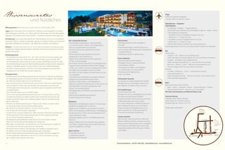 70 71
Interessantes
• Weindegustationen in der hauseigenen
Vinothek
• Kulturabende (Sagen und Brauchtümer aus
dem Vinschgau, Besichtigung der Prokuluskirche
und des Museums)
• Kostenloses Internet im ganzen Haus
Extras (Aufpreis)
• DolceVita-Cabrio Porsche Boxster
• Paragleiten, Reiten, Canyoning, Klettern,
Hochseilgarten, Rafting
• Tenniscamp mit Hallen- und Freiplätzen
ca. 5 Gehminuten vom Haus entfernt
• Ihre gewünschte Tageszeitung
• Fully- und E-Bikes
Schönwetter-Garantie
Sie urlauben im niederschlagsärmsten Gebiet
der Alpen: Bei 315 Sonnentagen brauchen wir
den Vergleich mit Sizilien nicht zu scheuen.
Für Empfehlungen
Unser Dankeschön an Sie!
Sie haben sich bei uns wohlgefühlt und möchten
auch Ihren Freunden davon erzählen?
Für jede vermittelte Zimmerbuchung und mind.
5 Übernachtungen eines neuen Gastes
(d. h. erster Aufenthalt im Feldhof) erhalten Sie
einen Dankeschön-Bonus: von einer Flasche
Prosecco für die erste Empfehlung bis hin zu
einem Gutschein für 2 Übernachtungen für
2 Personen für die fünfte Empfehlung.
Freude schenken
Was schenken, wenn jemand schon alles hat?
Mit dem Feldhof-Gutschein schenken Sie etwas,
wovon niemand genug haben kann: unvergleich-
liche Erlebnisse, glückliche Tage, wundervolle
Augenblicke, bleibende Erinnerungen, Vitalität
und Energie!
Die ¾-DolceVita-Pension
• Reichhaltiges, ausgewogenes Frühstücksbuﬀet
von 7:45 bis 10:30 Uhr mit Bio- und Vitalprodukten,
laktose- und glutenfreien Erzeugnissen
• Frühstück auf unserer mediterranen Terrasse
am Koiteich
• Frühstücksköchin Gabi bereitet für Sie frische
Eiergerichte in der Showküche zu
• Täglich Proseccofrühstück und frisch gepresste
Frucht- und Gemüsesäfte
• Ab 13:30 bis 16:00 Uhr Showküche mit Nudelgerichten,
Suppe, kleinem Salatbuffet und zwei kalten Tagesge-
richten, von 13:30 bis 17:00 Uhr hausgemachte Kuchen
mit Kaffee, Tee, Fruchtsäften, Wasser und Obst
• Ab 19:00 Uhr 6 bis 8-Gänge-Gourmetmenüs à la carte,
mit Salatbuffet
• Traumhafte Dessertkreationen aus eigener Patisserie
• Vegetarische und kalorienreduzierte Küche
• Auf Wunsch Diät, Laktose- und Zöliakieküche
• Teilen Sie uns bitte Ihre Diätwünsche vor der Anreise mit
• Ganztägig Tees und frisches Quellwasser in der
Beauty- und Saunalandschaft
• Ganztägig Obst vom Obstkorb sowie bei der Ankunft
im Zimmer
• Wöchentlicher Begrüßungscocktail mit
Familie Perathoner am Sonntag
Nützliches
• Bademäntel und Badeslipper liegen im Zimmer bereit
• Badekorb mit Badetüchern im Zimmer
• Regenschirm, Trinkﬂasche und Rucksack im Zimmer
• Föhn, Schminkspiegel und BERG Körper- und Pﬂegeserie
• Große Auswahl an Schlaf- und Gesundheitskissen für
einen erholsamen Schlaf
• Matratzenauﬂagen mit Zirm, Torf, Weidenrinde oder
Moschus
• Besser-schlafen-Korb zum Ausleihen mit Leselektüre
auf E-Book, Entspannungsmusik auf MP3-Player und
vielen Einschlafhilfen und Tipps
Sport und Fun
• 2 DolceVita-Vespas 50
• 1 DolceVita-Vespa 200
• Tanzabend mit Livemusik
Wissenswertes
und Nützliches
Ihre Ferienhotline: +39 0473 666 366 · info@feldhof.com · www.feldhof.com
Öffnungszeiten: 26.03.2015 bis 22.11.2015 und 25.12.2015 bis 06.01.2016
Lage: Naturns bei Meran, der sonnigste Ort im Meraner Land, eingerahmt vom Natur-
park Texelgruppe im Norden, vom Süden grüßt die Ortlergruppe mit dem Nationalpark
Stilfserjoch. Der Feldhof ist eine Oase der Ruhe – trotzdem ist das aktive Leben ganz nah.
Ausstattung: Das sonnige Wohngefühl der Südtiroler Berge mischt sich mit mediterra-
ner Eleganz. Warme, wohlige Atmosphäre, gepaart mit Zeitgeist-Design aus heimischen
Materialien. Mediterranes Ambiente – der ideale Platz für Beauty und Wellness.
Zimmer: 57 Zimmer und Suiten (ca. 22 - 63 m², alle neu renoviert) im modernen, alpin-
mediterranen Design, Naturholzmöbel, Holzboden, Nichtraucher, kostenloses Internet,
großteils klimatisiert.
Qualitätsgarantie:
• Der HolidayCheck Award 2010, 2011, 2012, 2013 und 2014 wird auf Grundlage aller
Hotelbewertungen eines Jahres verliehen. Allein die Meinung der Urlauber zählt!
Die 99 beliebtesten Hotels weltweit wurden aus über 300.000 Bewertungen ermittelt.
Die Anzahl der Bewertungen, die Weiterempfehlungsrate und die einzelnen Kategorien
werden ins Verhältnis gesetzt. Und der Feldhof ist einer der Publikumslieblinge!
• Die Belvita-Angebotsgruppe unterzieht unser Gesamtangebot einem jährlichen
Qualitätscheck mit Veröffentlichung der Ergebnisse.
Kleingedrucktes :
• Anreise/Abreise: Am Anreisetag stehen Ihnen die Zimmer ab 15:00 Uhr zur Verfügung.
Am Abreisetag ersuchen wir Sie, die Zimmer bis 11:00 Uhr freizugeben. Falls Sie später
als 19:00 Uhr anreisen, bitten wir um kurze Nachricht.
• Eine Annullierung Ihrer Zimmerreservierung ist nur bis 3 Wochen vor dem Anreise-
datum kostenfrei möglich. Bei einer kürzeren Stornierungszeit verrechnen wir
70 % des gebuchten Arrangements. Das Gleiche gilt bei verspäteter Ankunft oder
vorzeitiger Abreise.
• Zimmerstornierungen sind nur schriftlich gültig.
• Durch unsere günstige Rücktrittsversicherung von 5,- Euro pro Person und Tag
sind alle Stornokosten bei Unfall, Krankheit oder Todesfall des Versicherten, der
Kinder, Geschwister, Eltern oder Großeltern gedeckt. Bitte bei der Reservierung
gleich mitbuchen.
• Wir bitten Sie, Wellnessanwendungen 14 Tage vor der Anreise zu buchen, damit
wir Ihre gewünschten Termine berücksichtigen können.
• Bei Zimmer mit Frühstück werden 11,- Euro pro Person und Tag
vom ¾-DolceVita-Pensionspreis abgezogen.
• Hunde sind bei uns gerne willkommen. Haben Sie jedoch Verständnis, dass dies nicht
für den Speisesaal und den Wellnessbereich gilt. Für Ihren„Liebling“ berechnen
wir 20,- Euro pro Tag, ohne Verpflegung.
• Wir akzeptieren alle Kreditkarten außer Diners Club und American Express.
Klären Sie mit Ihrer Bank die Verfügbarkeit im Ausland ab.
• Bitte haben Sie Verständnis, dass das Buchen von Zimmerkategorien möglich ist,
nicht jedoch die Reservierung bestimmter Stockwerke.
• Mit dieser Preisliste verlieren alle bisherigen ihre Gültigkeit. Preisänderungen,
Druckfehler und Irrtum sowie Angebotsänderungen vorbehalten.
• Bei eventuellen Mehrwertsteuersatzerhöhungen werden die Preise angeglichen.
• Zu den angeführten Tagespreisen wird vor Ort 1,30 Euro pro Person und Tag
(ab 14 Jahre) für die Ortstaxe verrechnet.
RESCHENPASS
MERAN
FELDGASSE
HAUPTSTRASSE
RATHAUSSTRASSE
SCHLOSSWEG
ST.-PROKULUS-STR.
HOCHNATURNS
ST.-PROKULUS-
KIRCHE
NATURNS
OST
EINBAHN
Flüge
Entfernung Nächster Flughafen:
• Verona: 189 km; Innsbruck: 166 km
Abholdienste – Flughafen
SÜDTIROLBUS
Transfertage: 5 x täglich – 7 Tage die Woche
Streckenführung: Flughafen Verona/Flughafen Innsbruck – Bozen – Meran
und Umgebung; Ticketpreise:
• Einzelfahrt vom/zum Flughafen Innsbruck: 48,- Euro
Kinder von 3 – 13 Jahre: 30,- Euro
• Einzelfahrt vom/zum Flughafen Verona: 50,- Euro
Kinder von 3 – 13 Jahre: 32,- Euro
Weitere Informationen und Buchung: www.suedtirolbus.it
Gerne organisieren wir für Sie auch einen privaten Transfer vom Flughafen!
Bus
Deutschland:
Stuttgart – Ulm – Meran, www.suedtiroltours.de
Jeden Samstag/Sonntag ganzjährig, 160,- Euro pro Person hin  retour
Stuttgart – Vinschgau, www.suedtiroltours.de
Jeden Samstag hin ganzjährig, 155,- Euro pro Person hin  retour
München – Naturns – Latsch – München, www.suedtiroltours.de
Nur auf Anfrage, ab 90,- Euro pro Person hin  retour
Schweiz:
St. Gallen – Winterthur – Zürich – Latsch/Naturns  retour,
www.suedtirolexpress.ch
Jeden Samstag vom 05.04. – 28.10.2015, ab 180,- CHF pro Person hin 
retour exkl. Buchungsgebühr
Bahn
Bahnverbindung aus der Schweiz:
Basel – Zürich – Landquart – Klosters – Vereina-Ofenpass – Müstair –
Naturns (Fahrzeit Zürich – Naturns ca. 5 h), www.sbb.ch
Wir holen Sie kostenlos vom Bahnhof Naturns ab!
Autovermietung
Flughafen Bozen/Bozen Zentrum
Hertz Italiana, Tel. +39 0471 25 42 66
Europcar Italia, Tel. +39 0471 25 21 52
Änderungen vorbehalten
 