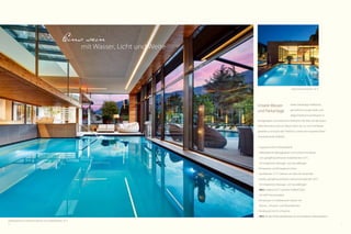 6 7
bietet weitläufige Freiflächen,
gemütliche Lounge-Ecken und
abgeschiedene Kuscheloasen in
einzigartigem und exklusivem Ambiente. Der Blick auf das traum-
hafte Panorama rund um Naturns lässt sich so noch viel besser
genießen und macht den Feldhof zu einem der inspirierendsten
Urlaubsdomizile Südtirols.
• Insgesamt 450 m Wasserfläche
• Hallenbad mit Massagedüsen und Schwimmschleuse
zum ganzjährig beheizten Außenbecken 32°C,
mit integrierten Massage- und Sprudelliegen
• Ruhezonen und Ruhegalerie indoor
• Sportbecken 27 °C, beheizt von März bis November
• Großes, ganzjährig beheiztes Soleschwimmbecken 34°C,
mit integrierten Massage- und Sprudelliegen
• NEU: Solepool 34 °C auf dem Feldhof-Dach,
mit 360° Panoramablick
• Ruhezonen im mediterranen Garten mit
Palmen-, Zitronen- und Olivenbäumen
• Kinderpool mit 35 m Rutsche
• NEU: Kinder-Erlebnishallenbad mit verschiedenen Wasserspielen
Unsere Wasser-
und Parkanlage
Eins sein
mit Wasser, Licht und Weite
Hallenbad mit Schwimmschleuse zum Außenbecken 32 °C
Soleschwimmbecken 34 °C
 
