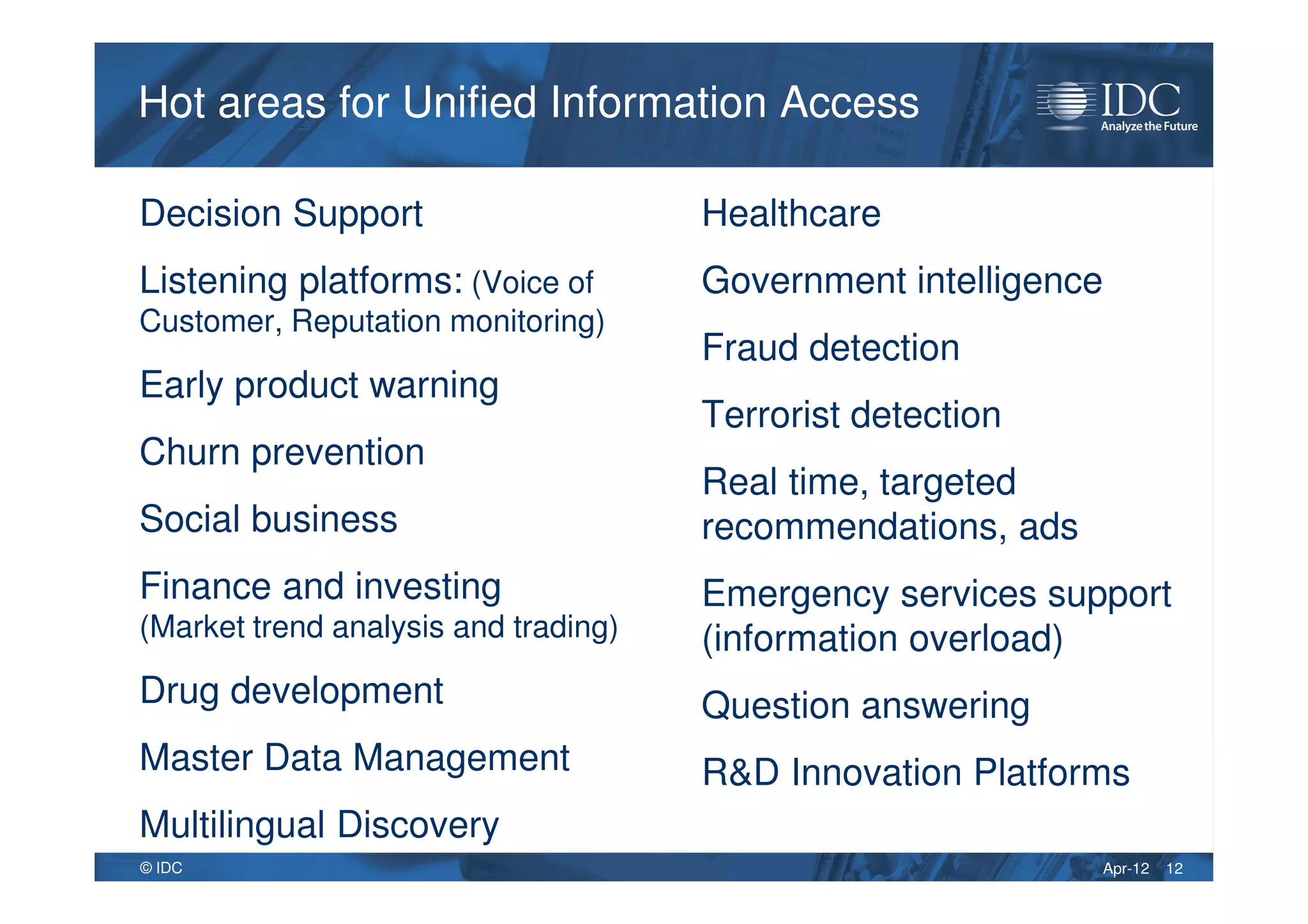 Apr-12© IDC
Hot areas for Unified Information AccessHot areas for Unified Information Access
Decision Support
Listening platforms: (Voice of
Customer, Reputation monitoring)
Early product warning
Churn prevention
Social business
Finance and investing
(Market trend analysis and trading)
Drug development
Master Data Management
Multilingual Discovery
Healthcare
Government intelligence
Fraud detection
Terrorist detection
Real time, targeted
recommendations, ads
Emergency services support
(information overload)
Question answering
R&D Innovation Platforms
12
 