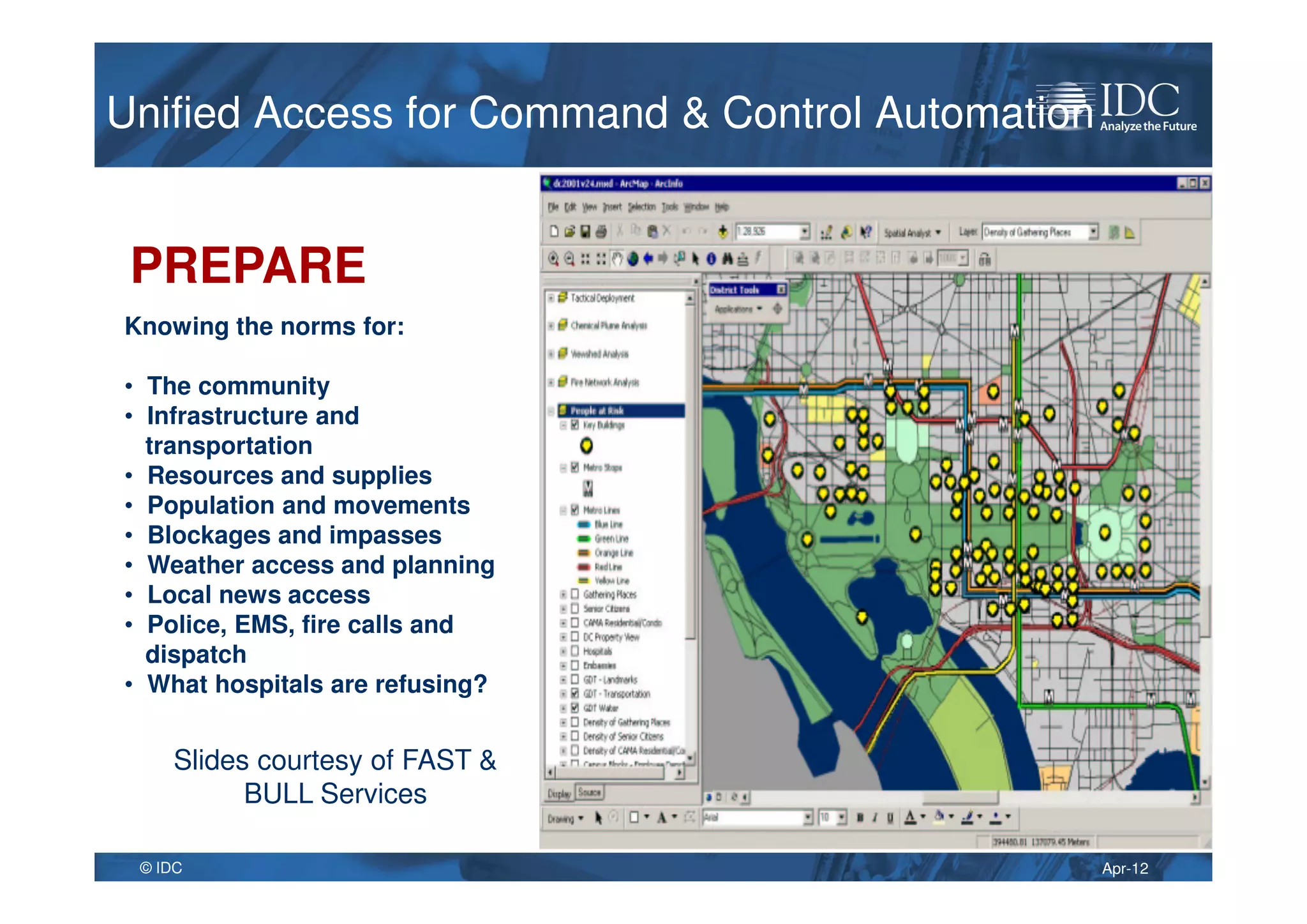 Apr-12© IDC
PREPARE
Knowing the norms for:
• The community
• Infrastructure and
transportation
• Resources and supplies
• Population and movements
• Blockages and impasses
• Weather access and planning
• Local news access
• Police, EMS, fire calls and
dispatch
• What hospitals are refusing?
Slides courtesy of FAST &
BULL Services
Unified Access for Command & Control AutomationUnified Access for Command & Control Automation
 