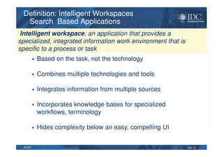 Apr-12© IDC
Definition: Intelligent Workspaces
Search Based Applications
Definition: Intelligent Workspaces
Search Based Applications
Based on the task, not the technology
Combines multiple technologies and tools
Integrates information from multiple sources
Incorporates knowledge bases for specialized
workflows, terminology
Hides complexity below an easy, compelling UI
Intelligent workspace: an application that provides a
specialized, integrated information work environment that is
specific to a process or task
 