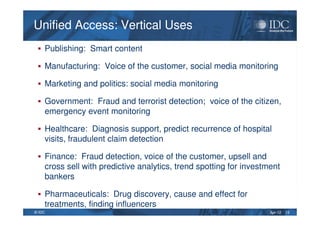 Apr-12© IDC
Unified Access: Vertical UsesUnified Access: Vertical Uses
Publishing: Smart content
Manufacturing: Voice of t...