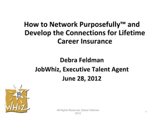 How to Network Purposefully™ and
Develop the Connections for Lifetime
         Career Insurance

          Debra Feldman
   JobWhiz, Executive Talent Agent
            June 28, 2012



          All Rights Reserved, Debra Feldman
                                               1
                          2012
 