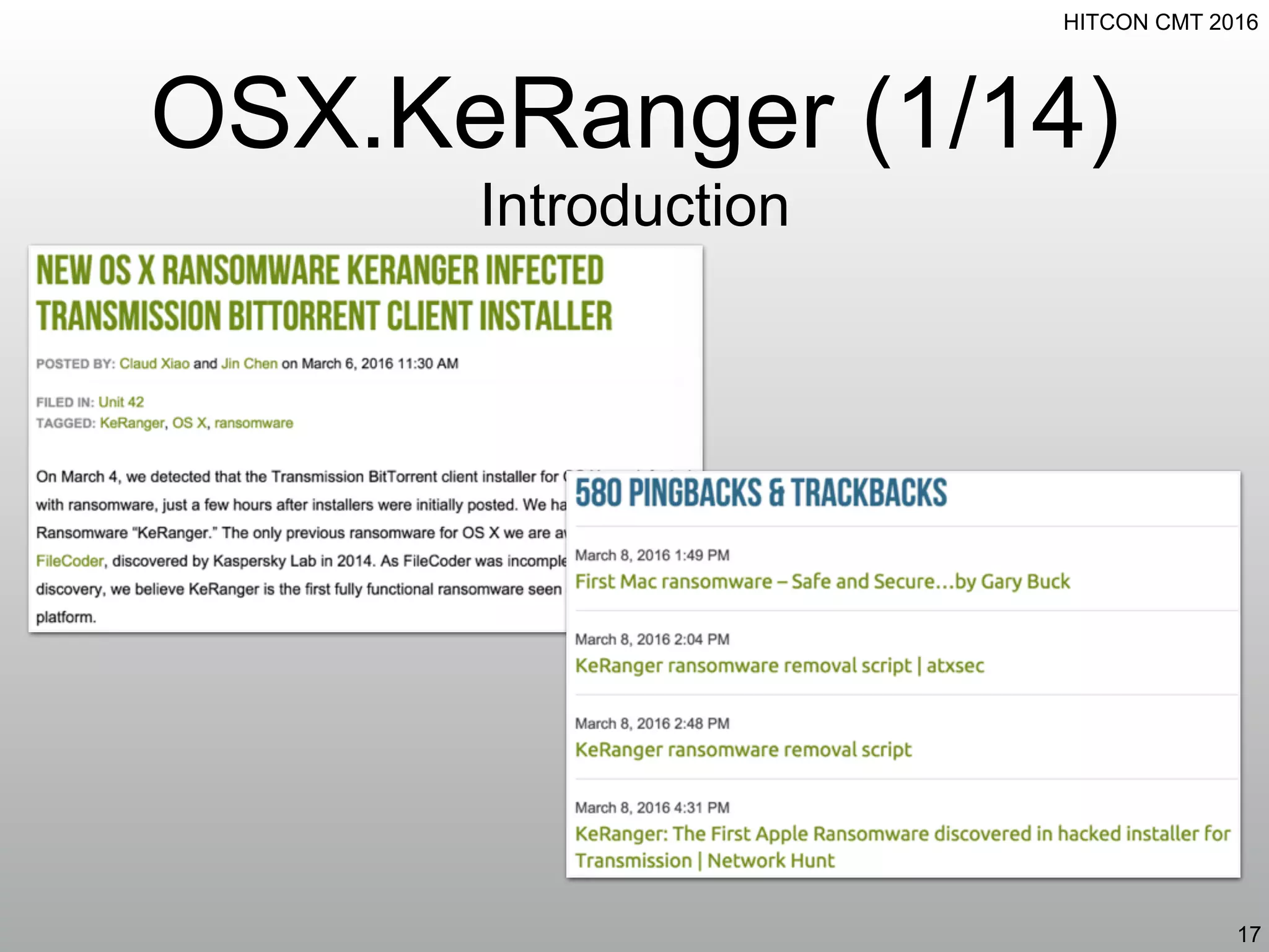 HITCON CMT 2016
OSX.KeRanger (1/14)
Introduction
17
 