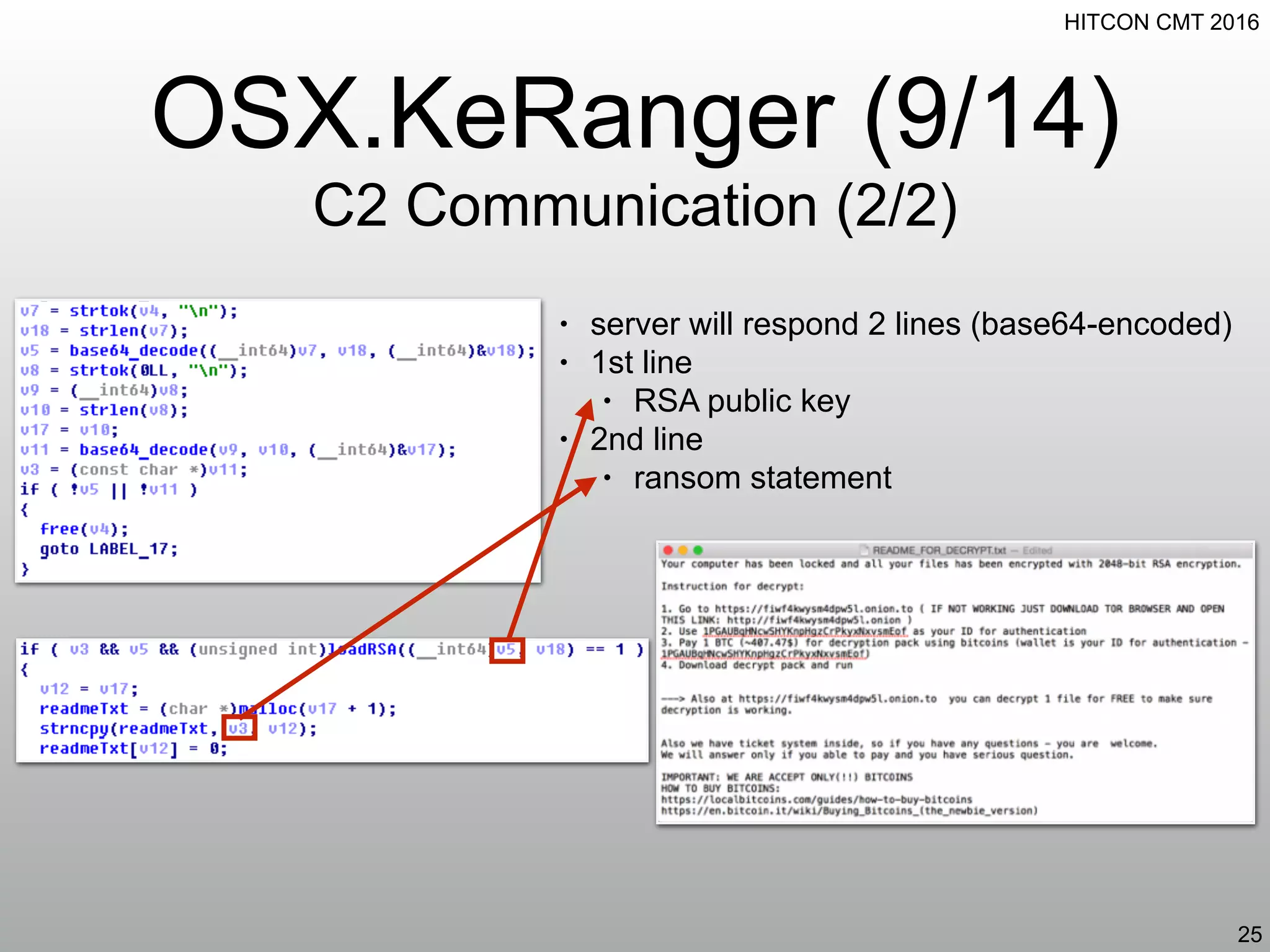 HITCON CMT 2016
OSX.KeRanger (9/14)
C2 Communication (2/2)
25
• server will respond 2 lines (base64-encoded)
• 1st line
• RSA public key
• 2nd line
• ransom statement
 