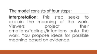 The model consists of four steps:
Interpretation: This step seeks to
explain the meaning of the work.
Viewers project their
emotions/feelings/intentions onto the
work. You propose ideas for possible
meaning based on evidence.
 