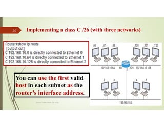 Implementing a class C /26 (with three networks)
Source: Feleke Merin (Dr.-Engr.)
26
You can use the first valid
host in each subnet as the
router’s interface address.
 