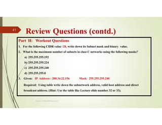 Review Questions (contd.)
Part II: Workout Questions
1. For the following CIDR value /28, write down its Subnet mask and binary value.
2. What is the maximum number of subnets in class C networks using the following masks?
a) 255.255.255.192
b) 255.255.255.224
c) 255.255.255.240
d) 255.255.255.0
3. Given: IP Address : 200.34.22.156 Mask: 255.255.255.240
Required: Using table write down the subnetwork address, valid host address and direct
broadcast address. (Hint: Use the table like Lecture slide number 32 or 33).
Source: Feleke Merin (Dr.-Engr.)
41
 