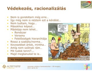 Védekezés, racionalizálás

•   Nem is gondoltam még erre…
•   Így még nem is néztem ezt a kérdést…
•   Nem tudtam, hogy…
•   Másokhoz képest…
•   Másképp nem lehet…
     • Rendszer
     • Verseny
     • Felel sségek hierarchiája
•   Rossz a szabály/norma…
•   Kevesebbet ártok, mintha…
•   Amíg nem szólnak rám…
•   Mit tudok tenni?...
•   Majd megtanulod te is…

    Ha megkérdezzük ket…

                Lakossági üzletág a bankszektorban – IIR Hungary,
                2010. április 28.
 