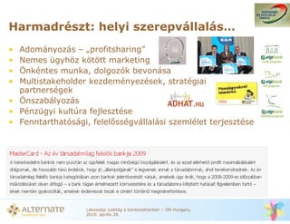 Harmadrészt: helyi szerepvállalás…
• Adományozás – „profitsharing”
• Nemes ügyhöz kötött marketing
• Önkéntes munka, dolgozók bevonása
• Multistakeholder kezdeményezések, stratégiai
  partnerségek
• Önszabályozás
• Pénzügyi kultúra fejlesztése
• Fenntarthatósági, felel sségvállalási szemlélet terjesztése




                   Lakossági üzletág a bankszektorban – IIR Hungary,
                   2010. április 28.
 