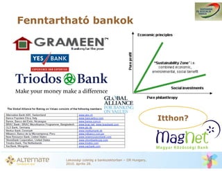 Fenntartható bankok




                                                            Itthon?




        Lakossági üzletág a bankszektorban – IIR Hungary,
        2010. április 28.
 