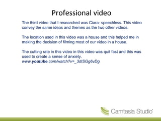 Professional video
The third video that I researched was Ciara- speechless. This video
convey the same ideas and themes as the two other videos.

The location used in this video was a house and this helped me in
making the decision of filming most of our video in a house.

The cutting rate in this video in this video was quit fast and this was
used to create a sense of anxiety.
www.youtube.com/watch?v=_3dISGg6vDg
 