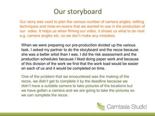 Our storyboard
Our story was used to plan the various number of camera angles, editing
techniques and mise-en-scene that we wanted to use in the production of
our video. It helps us when filming our video, it shows us what to do next
e.g. camera angles etc. so we don’t make any mistakes.

When we were preparing our pre-production divided up the various
task, I asked my partner to do the storyboard and the recce because
she was a better artist than I was. I did the risk assessment and the
production schedules because I liked doing paper work and because
of this division of the work we find that the work load would be easier
on each of us and it would be completed on time.

One of the problem that we encountered was the making of the
recce, we didn’t get to complete it by the deadline because we
didn’t have a suitable camera to take pictures of the locations but
we have gotten a camera and we are going to take the pictures so
we can complete the recce.
 