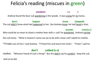 Felicia’s reading (miscues in green)
                                   wanderin                          cry        it
     Andrew found the bear cub wandering in the woods. It was crying for its mama.

         don’t               happen                      know        [skipped]
The cub didn’t know what had happened to her. But Andrew knew. He had heard a shot.

                                                            wonder        cried (s-c)
Who could be so mean to shoot a mother bear with a cub? he wondered. Andrew carried

the cub home. “What in heaven’s name are we to do with a bear cub? asked his mother.

“I’ll take care of him,” said Andrew. “I’ll feed him and teach him tricks.” “Tricks!” said his

                              don’t          colded (s-c)
mother. “Whoever heard of such a thing!” But she didn’t say he couldn’t keep the cub.

And so he did.
 