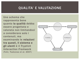Uno schema che
rappresenta bene
quanto la qualità debba
essere progettata e
valutata non limitandoci
a considerare solo i
contenuti, ma
esaminando le relazioni
tra questi, il sistema e
gli utenti è il Tryptich
Interaction Framwork
(Fuhr, Tsakonas et al. 2007)
QUALITA’ E VALUTAZIONE
 