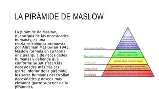 LA PIRÁMIDE DE MASLOW 
La pirámide de Maslow, 
o jerarquía de las necesidades 
humanas, es una 
teoría psicológica propuesta 
por Abraham Maslow en 1943. 
Maslow formula en su teoría 
una jerarquía de necesidades 
humanas y defiende que 
conforme se satisfacen las 
necesidades más básicas 
(parte inferior de la pirámide), 
los seres humanos desarrollan 
necesidades y deseos más 
elevados (parte superior de la 
pirámide). 11/6/2014 
 