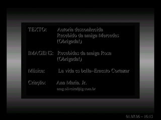 TEXTO:  Autoria desconhecida Recebido da amiga Mercedes (Obrigada!) IMAGENS:  Recebidas da amiga Rosa (Obrigada!) Música:  La vida es bella–Ernesto Cortazar Criação:  Ana Maria. Jr. [email_address] 01.07.06 – 16:15 