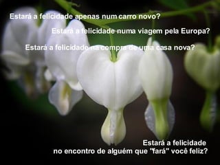 Estará a felicidade apenas num carro novo?    Estará a felicidade  no encontro de alguém que "fará" você feliz? Estará a felicidade numa viagem pela Europa? Estará a felicidade na compra de uma casa nova? 