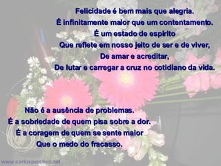 Não é a ausência de problemas. É a sobriedade de quem pisa sobre a dor. É a coragem de quem se sente maior Que o medo do fracasso. Felicidade é bem mais que alegria. É infinitamente maior que um contentamento. É um estado de espírito Que reflete em nosso jeito de ser e de viver, De amar e acreditar, De lutar e carregar a cruz no cotidiano da vida. 