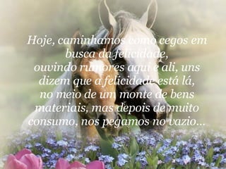 Hoje, caminhamos como cegos em busca da felicidade, ouvindo rumores aqui e ali, uns dizem que a felicidade está lá, no meio de um monte de bens materiais, mas depois de muito consumo, nos pegamos no vazio... 