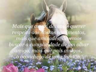 Mais que amor, devemos querer respeito aos nossos sentimentos, mais que amizades, devemos buscar a cumplicidade de um olhar amigo, mais que pais amigos,  o aconchego de uma família, 