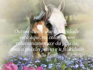 Outros dizem que a felicidade  está aqui, no calor de um relacionamento e da paixão, mas a paixão passa e a felicidade não fica. 
