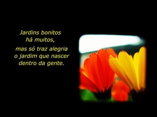 Jardins bonitos  há muitos,  mas só traz alegria o jardim que nascer dentro da gente. 