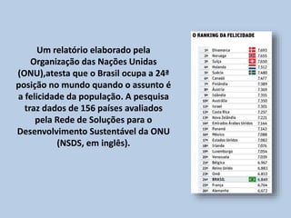Um relatório elaborado pela
Organização das Nações Unidas
(ONU),atesta que o Brasil ocupa a 24ª
posição no mundo quando o assunto é
a felicidade da população. A pesquisa
traz dados de 156 países avaliados
pela Rede de Soluções para o
Desenvolvimento Sustentável da ONU
(NSDS, em inglês).
 